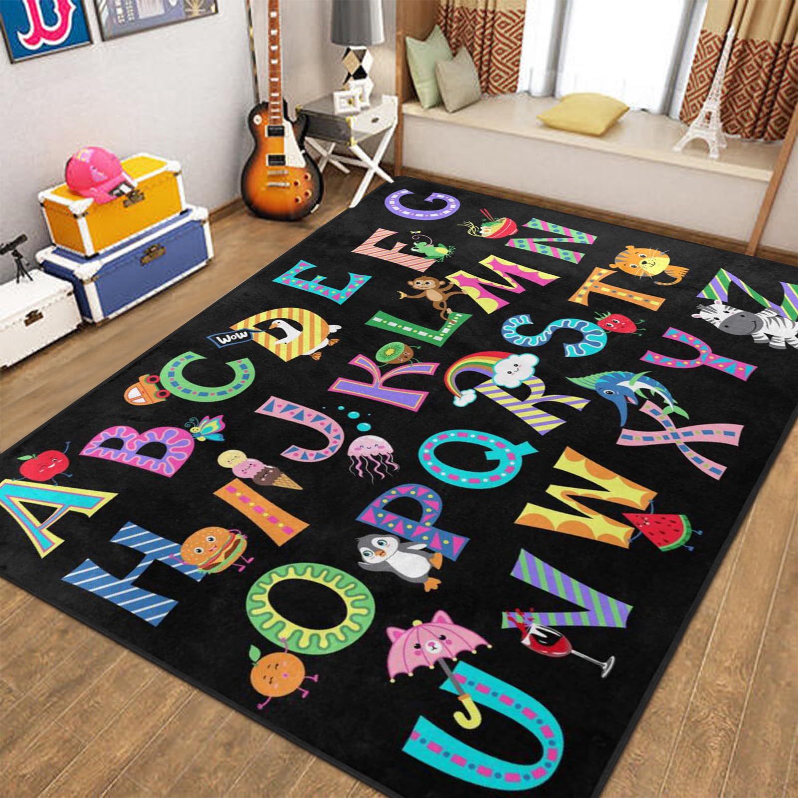 Abc Alphabet Rug, Kids Playmat Rugs - 5X7 Ft Kids Carpet With Rubber Backing, Colorful Cartoon Letters Kids Play Mat Nursery Rug