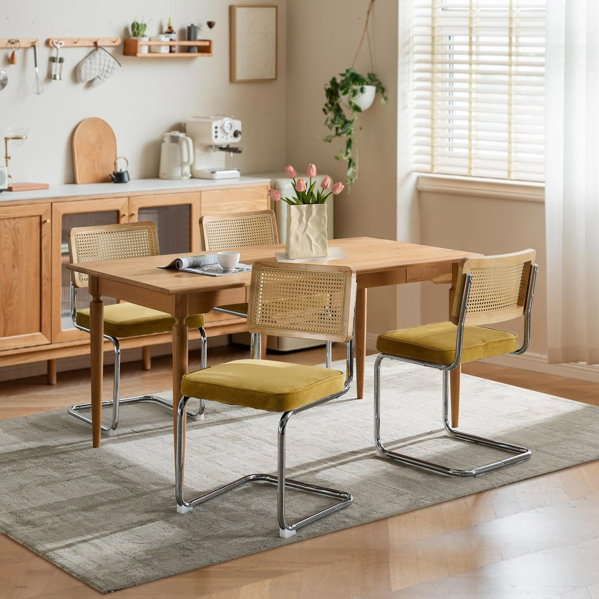 Soarmote Rattan Dining Chairs Set Of 4,Upholstered Mid-Century Modern Dining Room Chairs With Cane Backrest,Retro Velvet Kitchen