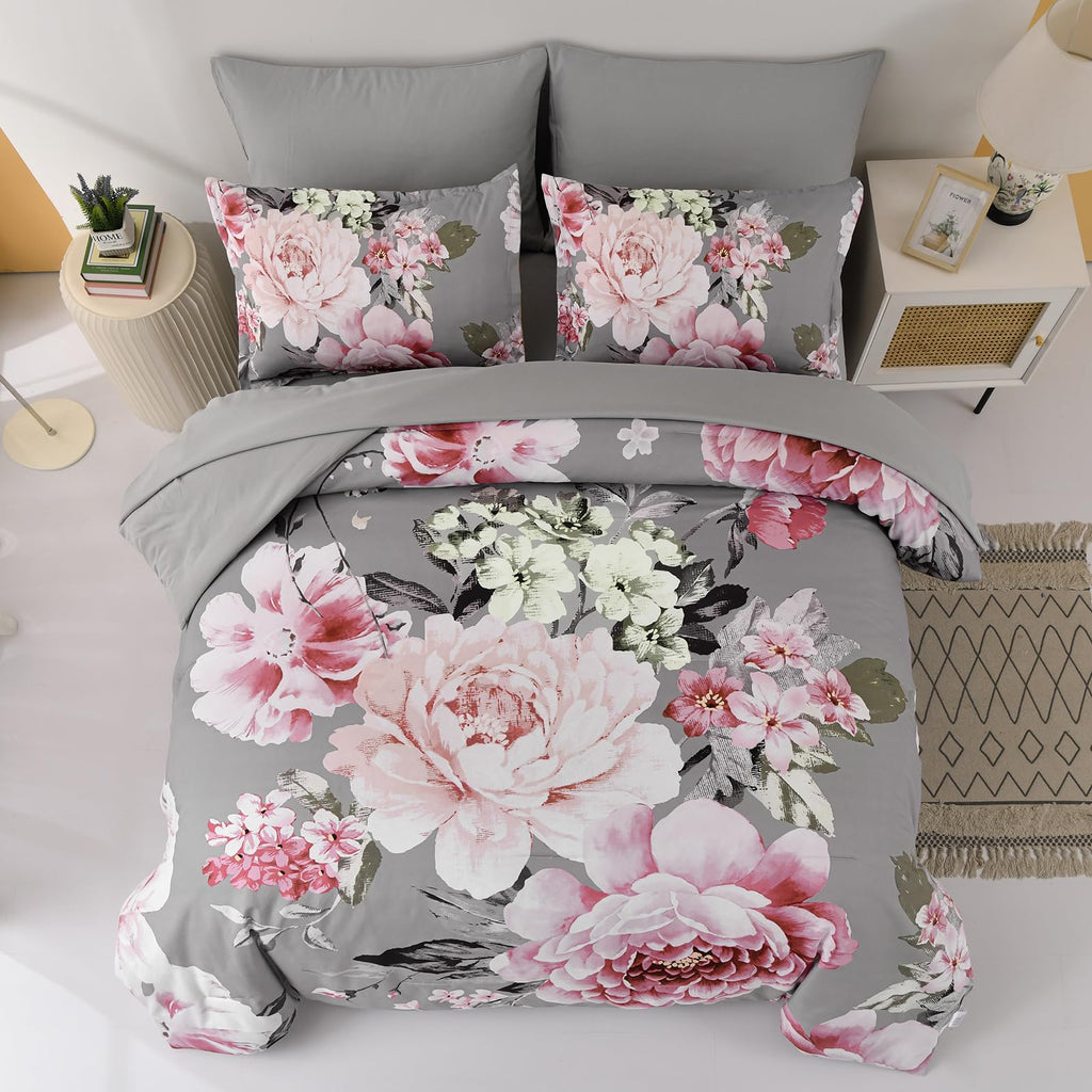 Dintszyayue Grey Comforter Set Queen Size,7 Pieces Pink Floral Print Bed In Bad Elegant Flower Bedding Set Soft Bedding For All