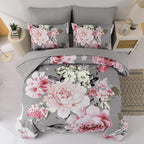 Dintszyayue Grey Comforter Set Queen Size,7 Pieces Pink Floral Print Bed In Bad Elegant Flower Bedding Set Soft Bedding For All