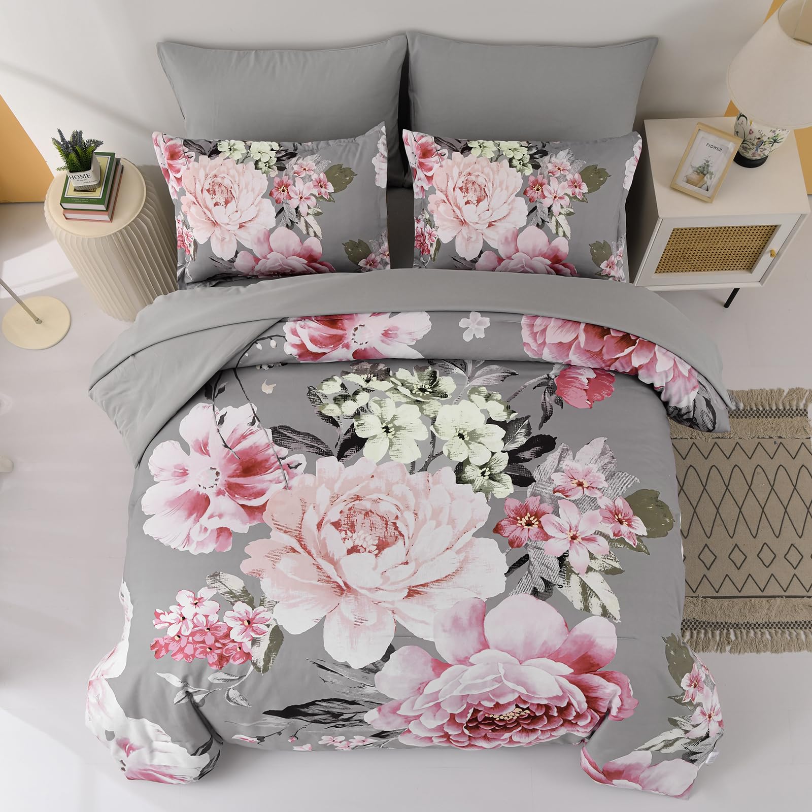 Dintszyayue Grey Comforter Set Queen Size,7 Pieces Pink Floral Print Bed In Bad Elegant Flower Bedding Set Soft Bedding For All