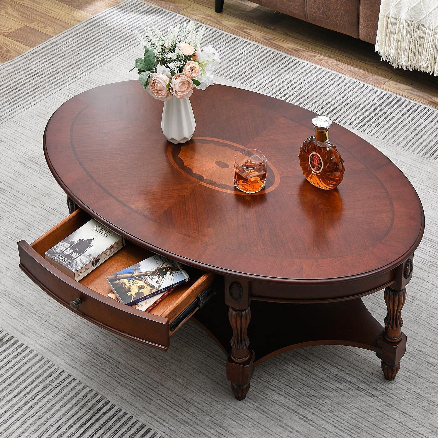 LEEMTORIG Oval Coffee Table for Living Room, Cherry Solid Wood Coffee Table with Storage Drawer, Victorian Antique Vintage Coffe
