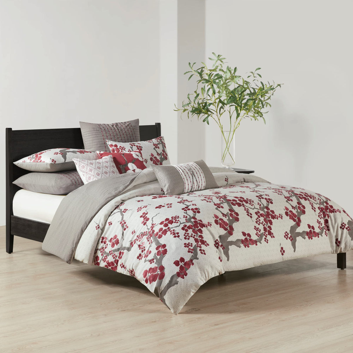 N Natori Cherry Blossom Duvet Cover King Size - Red, Grey , Cherry Blossom Duvet Cover Set - 3 Piece - 100% Cotton Sateen Light