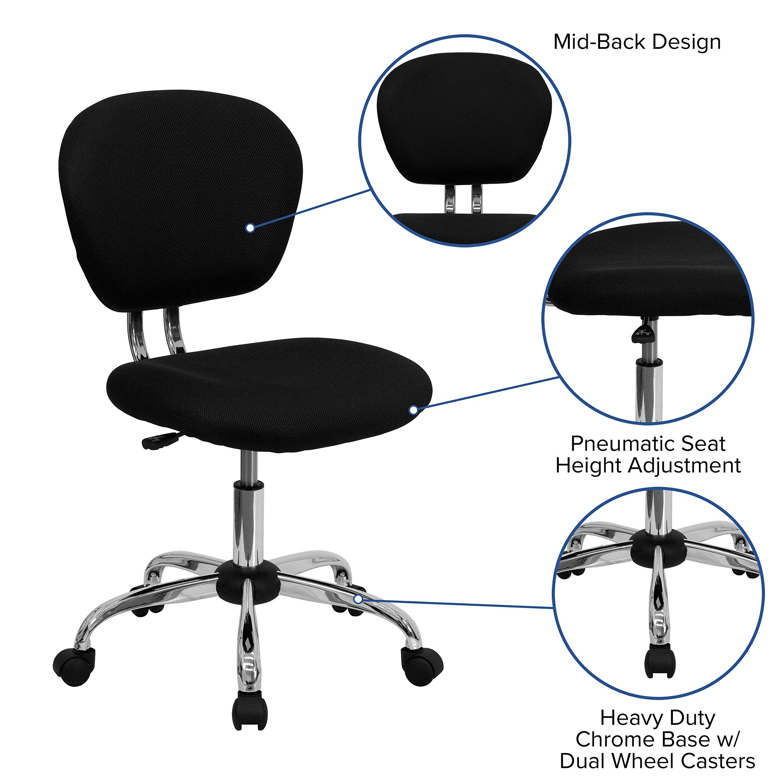 Flash Furniture Beverly Mid-Back Swivel Mesh Office Chair with Padded Seat, Height-Adjustable Ergonomic Padded Office Desk Chair, Black/Chrome