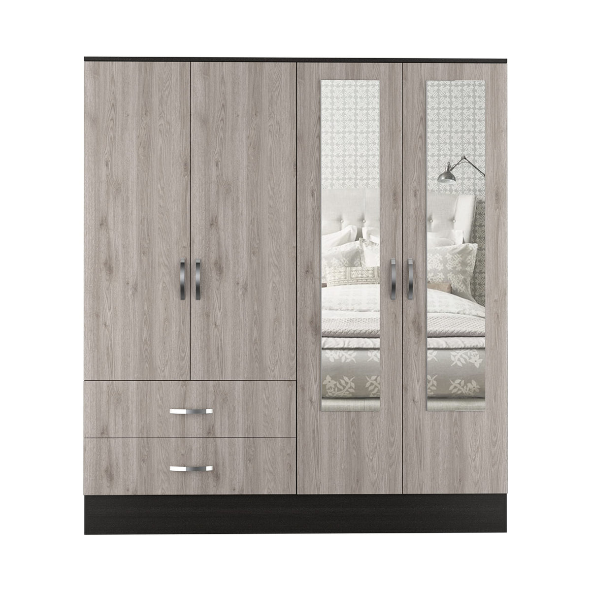 Gangi 160 Armoire, Double Door Cabinet, 2 Mirrors, Metal Hardware, 2 Drawers, Rod, 6 Shelves, Black/Light Gray