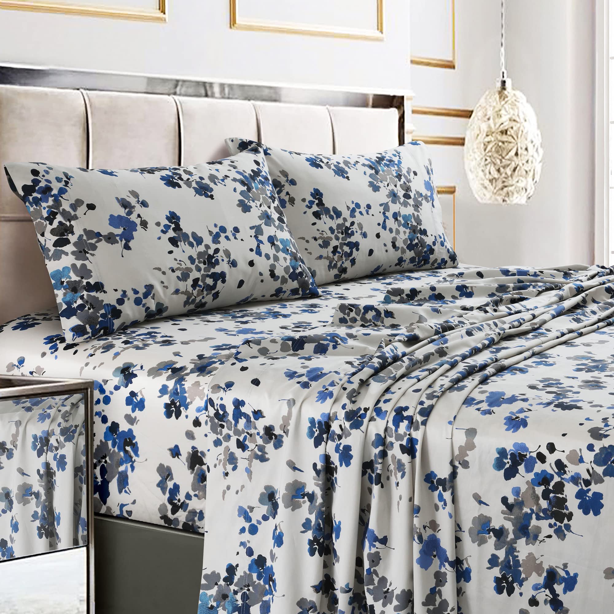Tribeca Living Twin Xl Bed Sheet Set, Soft Cotton Sateen Printed Sheets Floral Print, Extra Deep Pocket, 300 Thread Count, 3-Pie