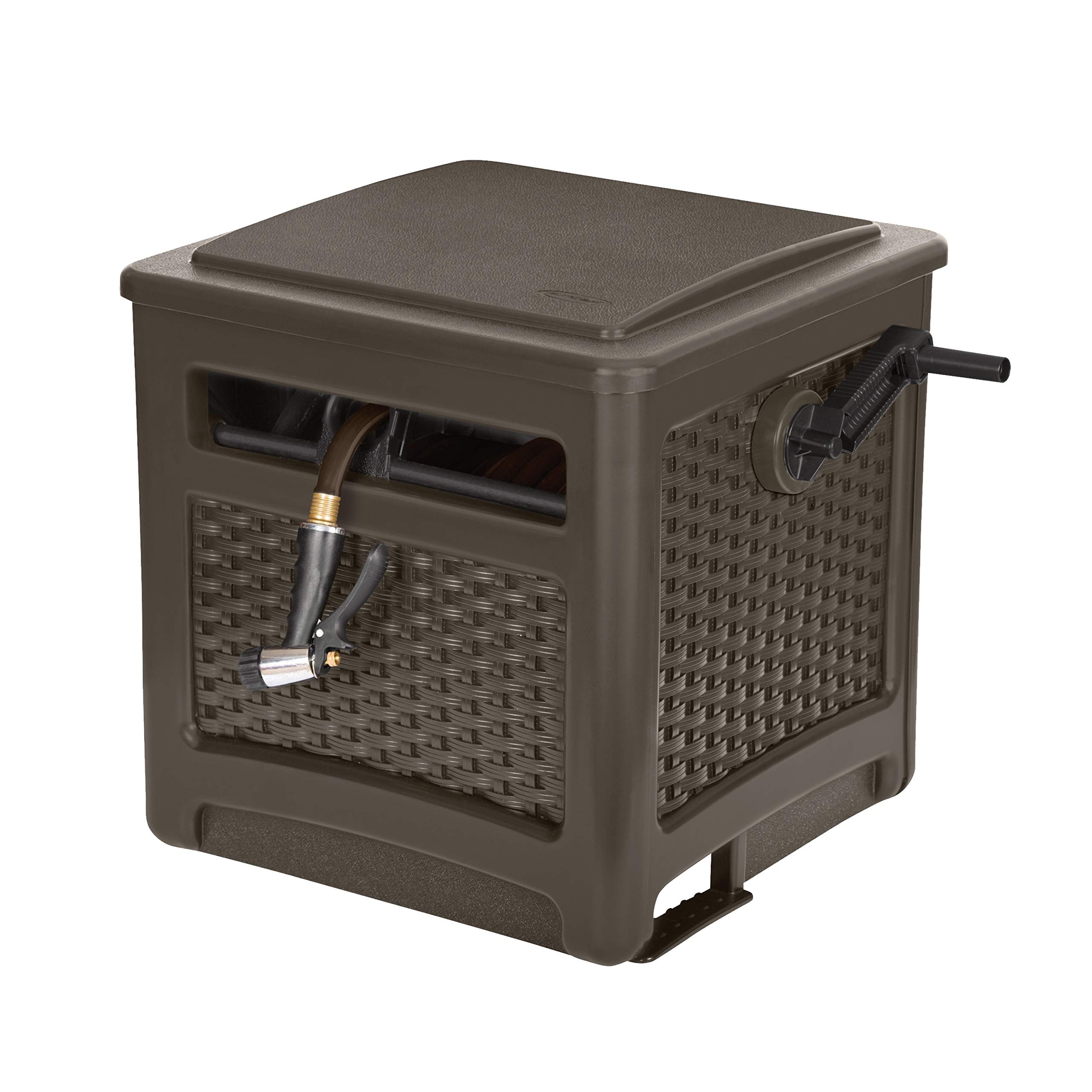 Suncast Resin 225 Ft Hideaway Outdoor Storage Crank Handle, Lid, And Slide Trak Guide 225' Capacity, Durable Hose Reel, Java