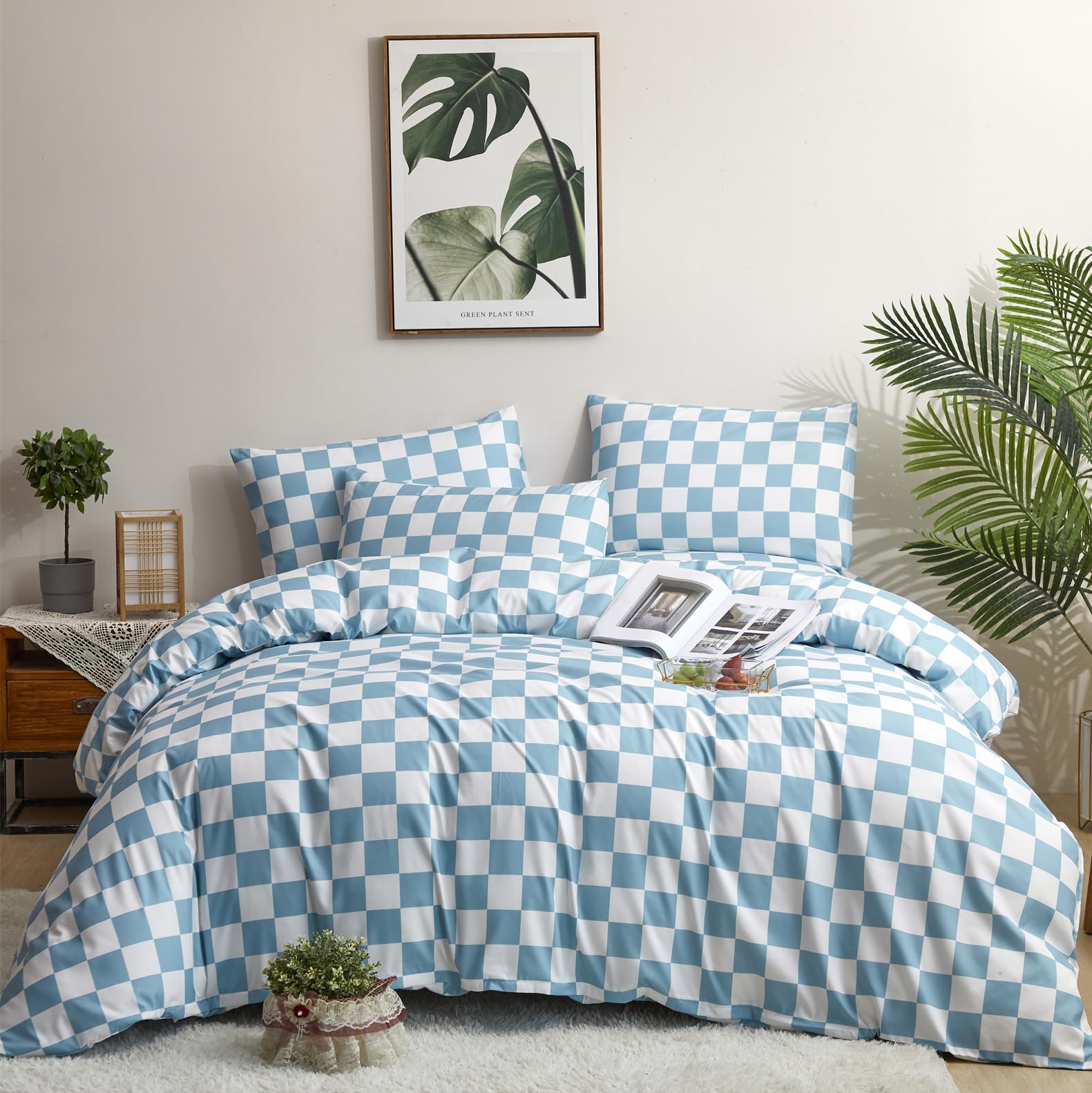 Karever Blue White Grid Comforter Set Twin Blue Plaid Bedding Set Girls Blue And White Checkered Bed Comforter Set Breathable Bl
