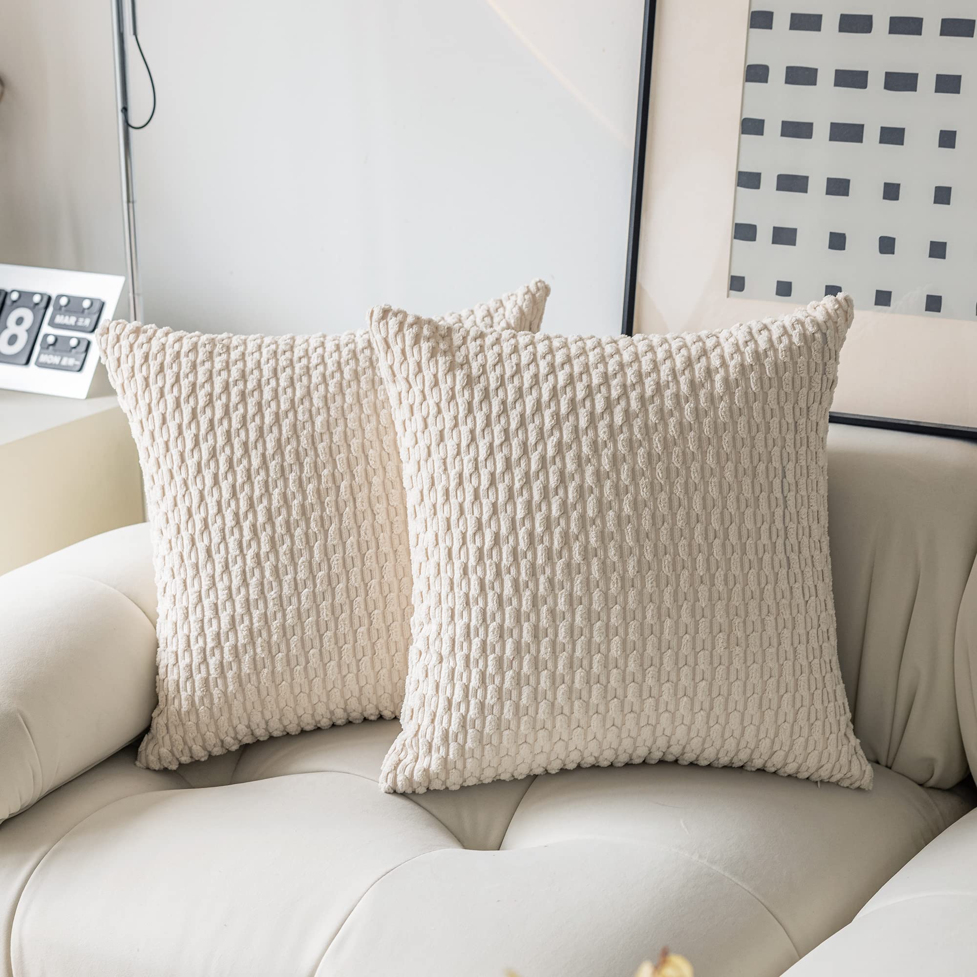 Kevin Textile 2 Packs Cream White Decorative Throw Pillow Covers 26X26 Inch For Living Room Couch Bed Sofa Rustic Farmhouse Boho Home Decor Soft Striped Corduroy Square Cushion Case 66X66 Cm