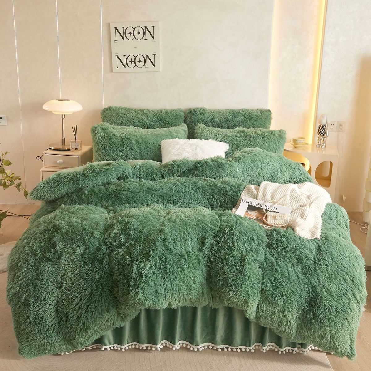 Haihua Fluffy Sage Green Comforter Cover King Set,Faux Fur Comforter Cover Set 3 Pieces(1 Plush Duvet Cover +2 Shaggy Pillowcase
