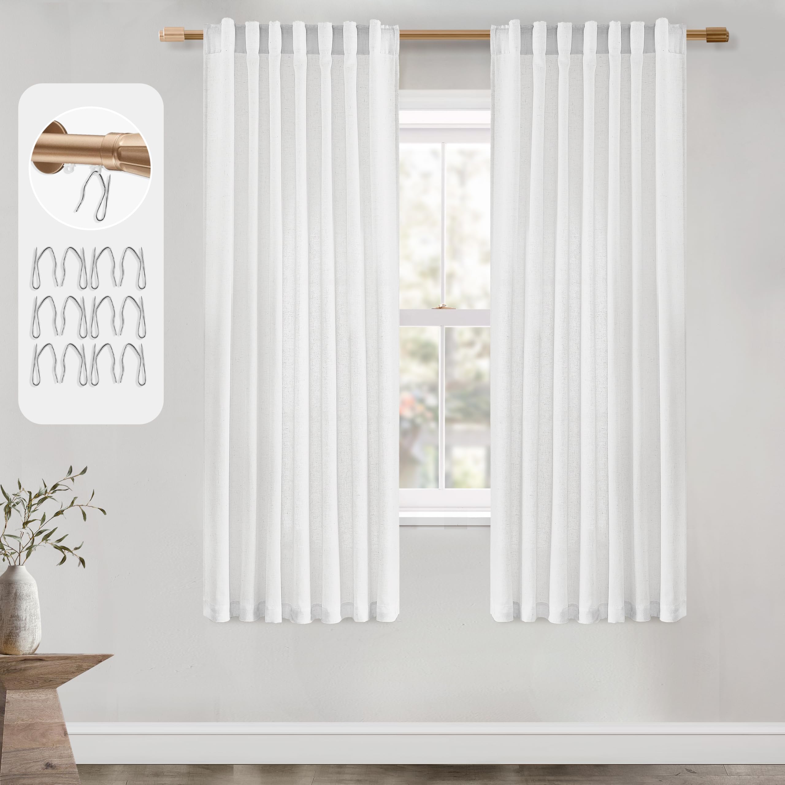 Textured Elegant White Curtains For Living Room, Semi Sheer Linen Curtains 63 Inch Length 2 Panel Set, Rod Pocket Voile Curtains