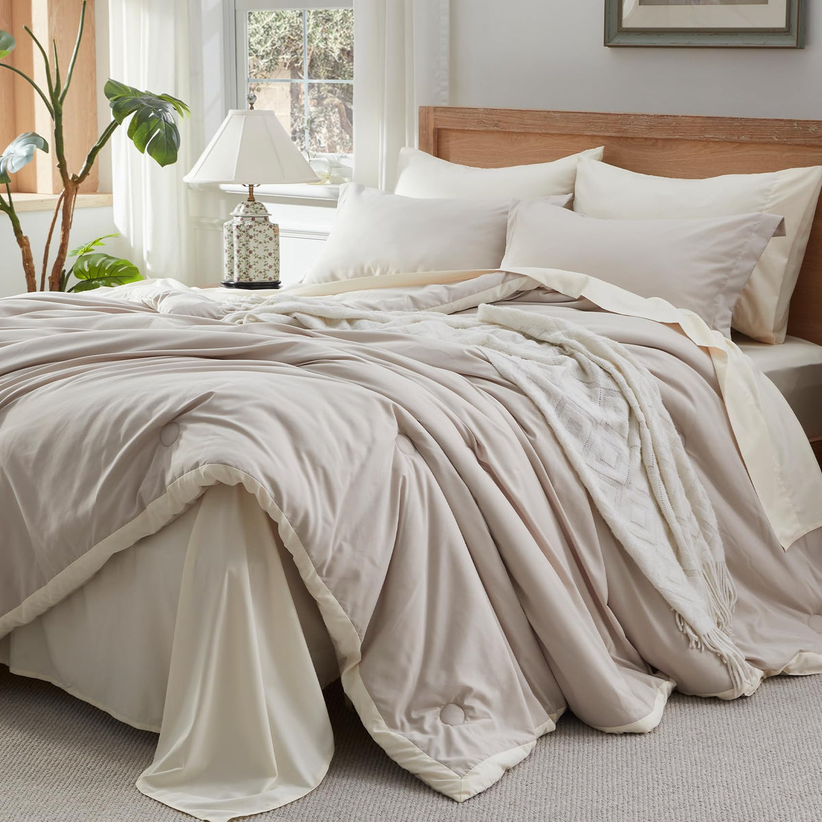 Anluoer Queen Comforter Set 7 Piece, Beige Bed In A Bag With Sheets, Comforters Queen Size Bedding Sets With 1 Comforter, 2 Pill