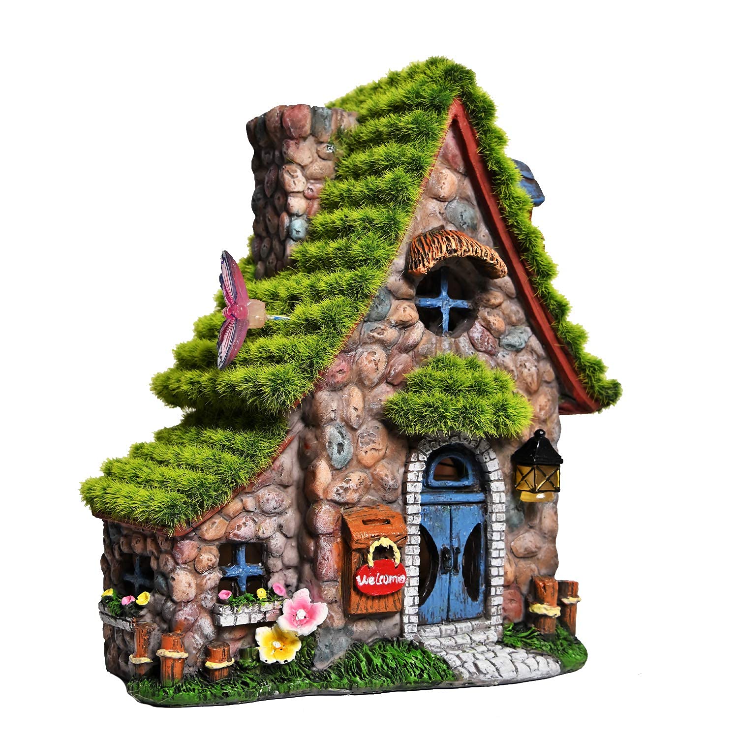 Asawasa Resin Fairy House Statues With Solar Powered Lights, Funny Garden Sculptures With Flocked And Cobblestone Decor, Exquisi