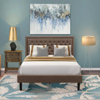 East West Furniture KD18Q-1VL07 2 Piece Bed Set - 1 Platform Queen Bed Frame Brown Linen Fabric Padded and Button Tufted Headboard with 1 Wooden Nightstand - Distressed Jacobean Finish Nightstand