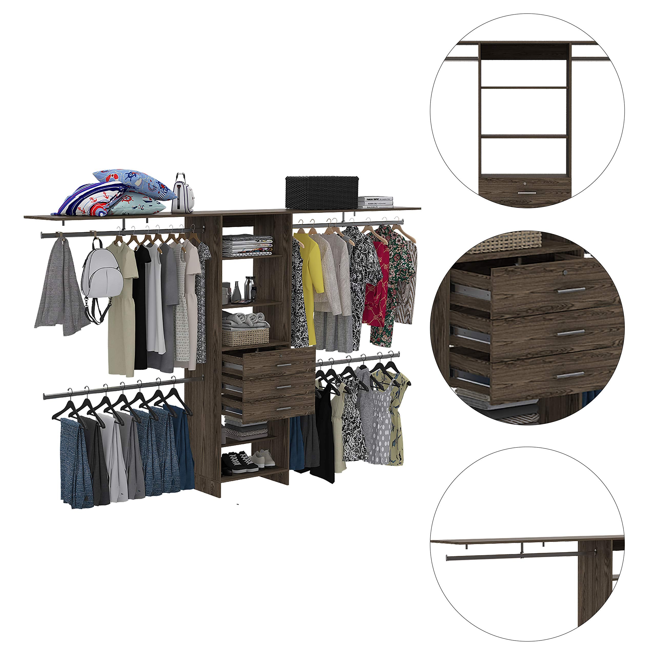 Depot E-Shop Zamora 69&Quot;W - 118&Quot;W Closet System With Four Hanging Rods, Three Drawers, And Five Shelves, Dark Walnut, Bedroom