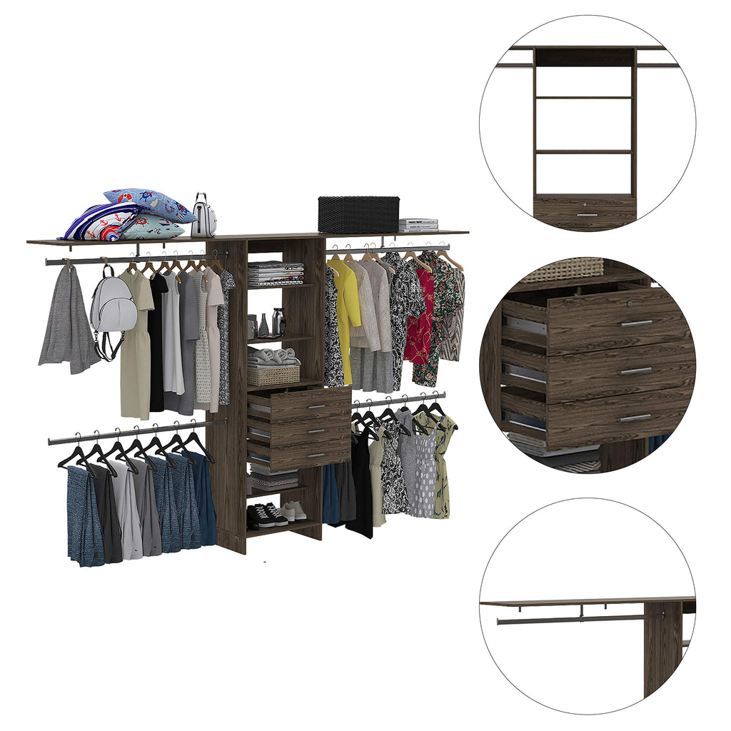 Depot E-Shop Zamora 69&Quot;W - 118&Quot;W Closet System With Four Hanging Rods, Three Drawers, And Five Shelves, Dark Walnut, Bedroom