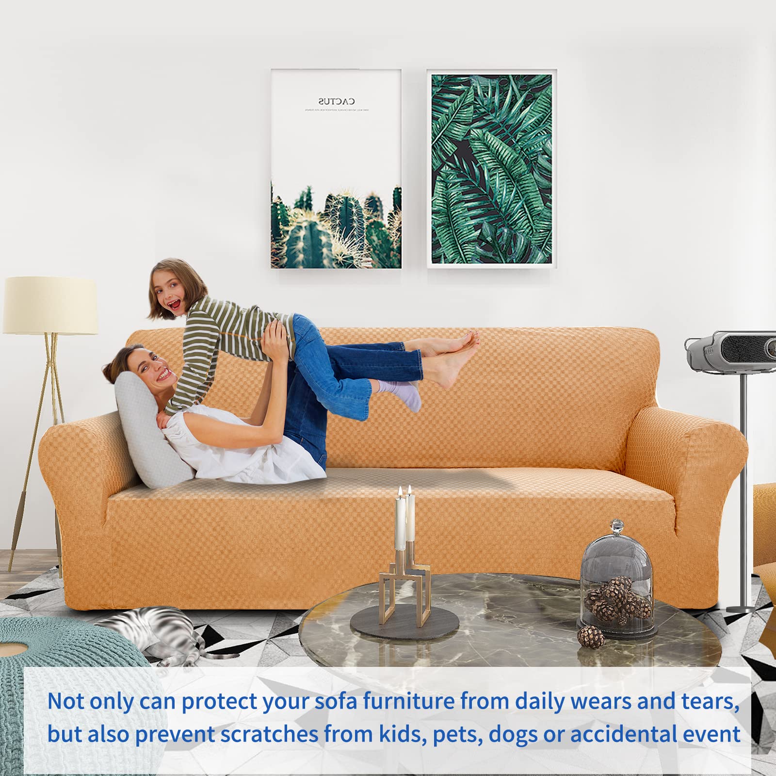 Znsayotx 1 Piece Jacquard Couch Covers For 3 Cushion Couch High Stretch Sofa Cover For Pets Dogs Anti Slip Extra Large Sofa Slipcovers Furniture Protector (Orange, Medium)