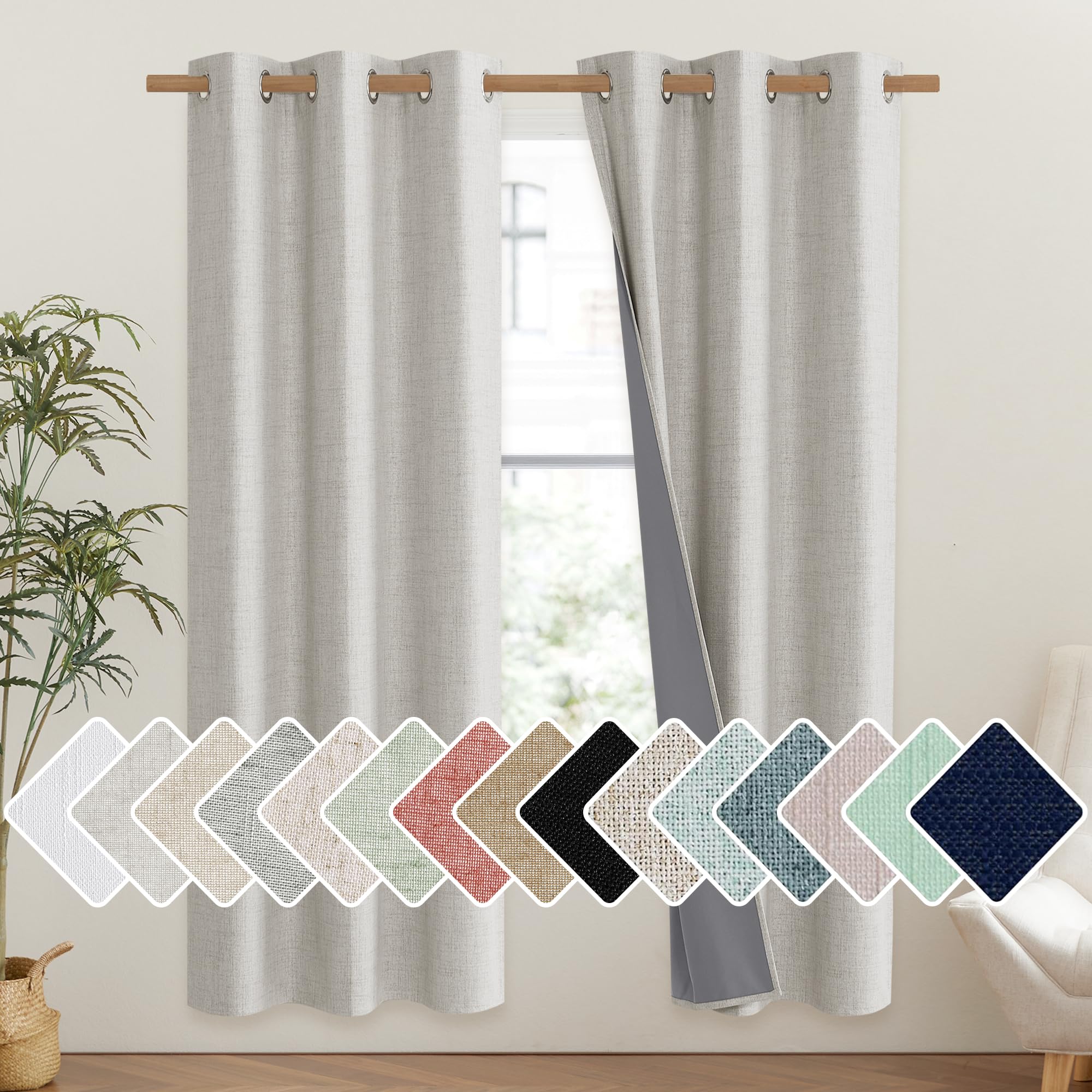 NICETOWN Snowbound Vintage Linen 100% Blackout Curtains for Classroom, Thermal Insulated Curtains 72 Long, Noise Reducing Window