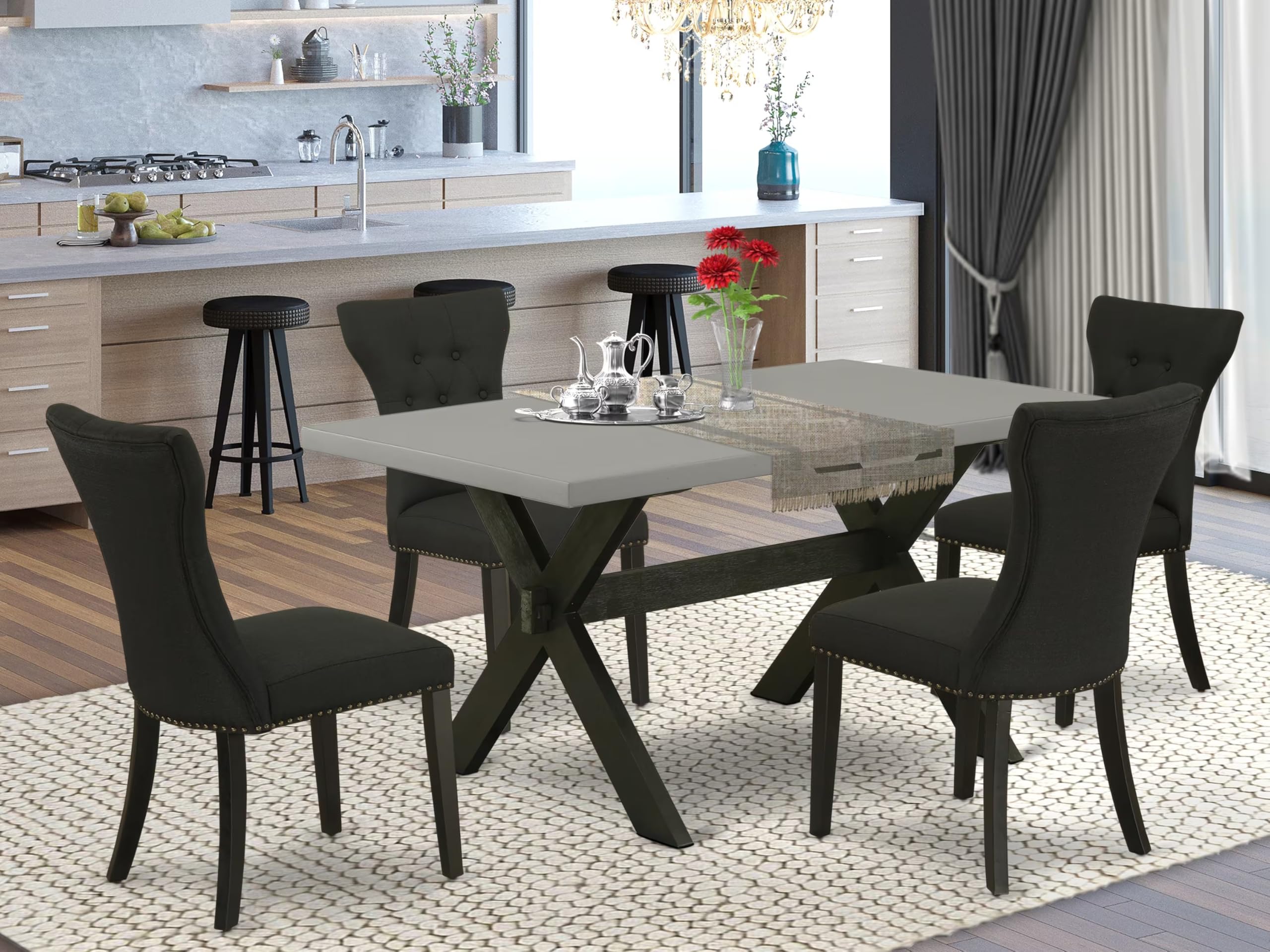 East West Furniture X696Ga124-5 5 Piece Dining Room Furniture Set Includes A Rectangle Dining Table With X-Legs And 4 Black Linen Fabric Upholstered Chairs, 36X60 Inch, Multi-Color