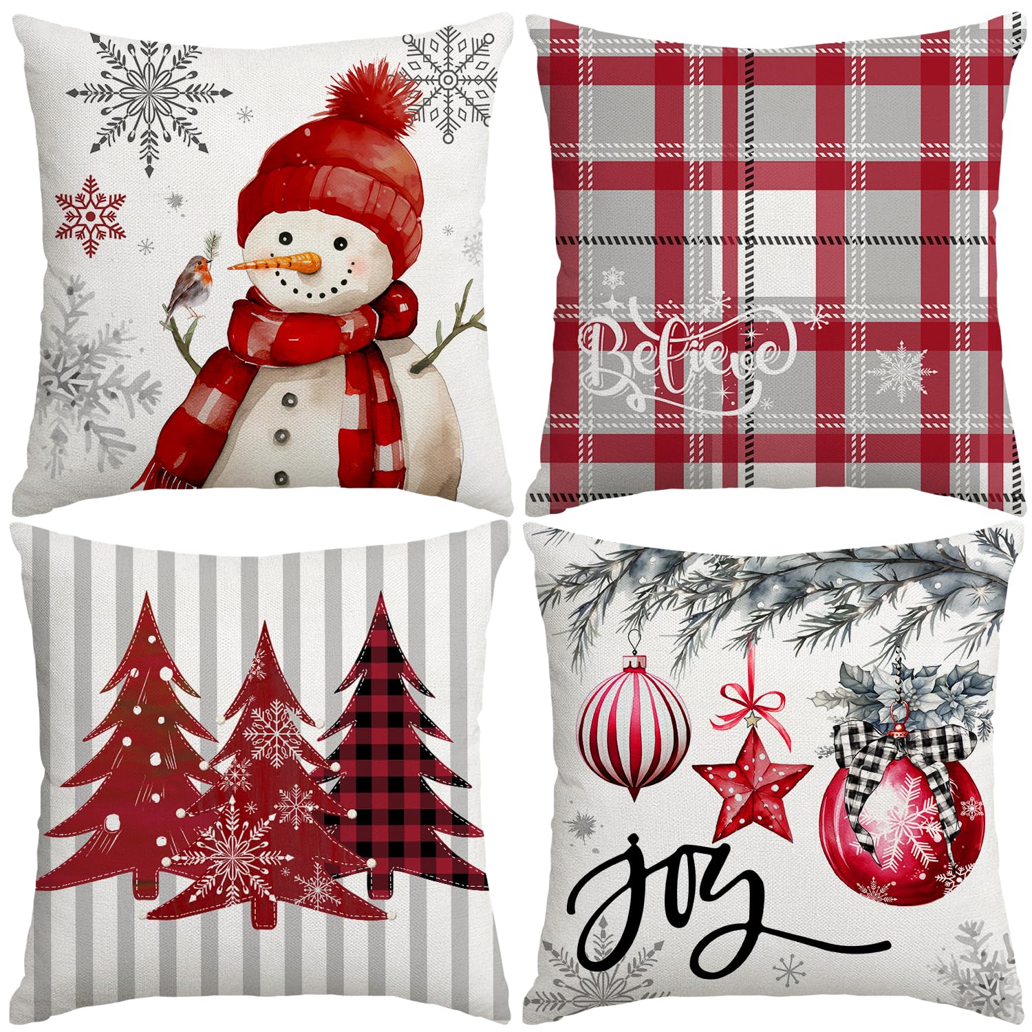 Artmag Christmas Pillow Covers 16X16 Inch Set Of 4, Decorative Farmhouse Snowman Joy Believe Christmas Tree Red Pillow Covers Fo