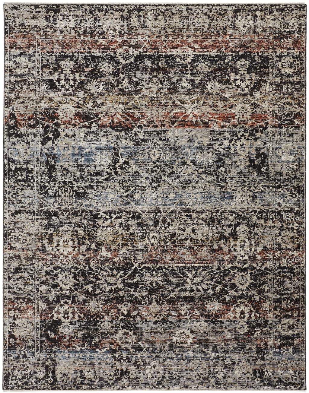 Generic 4' X 6' Gray Black And Red Abstract Distressed Area Rug With Fringe