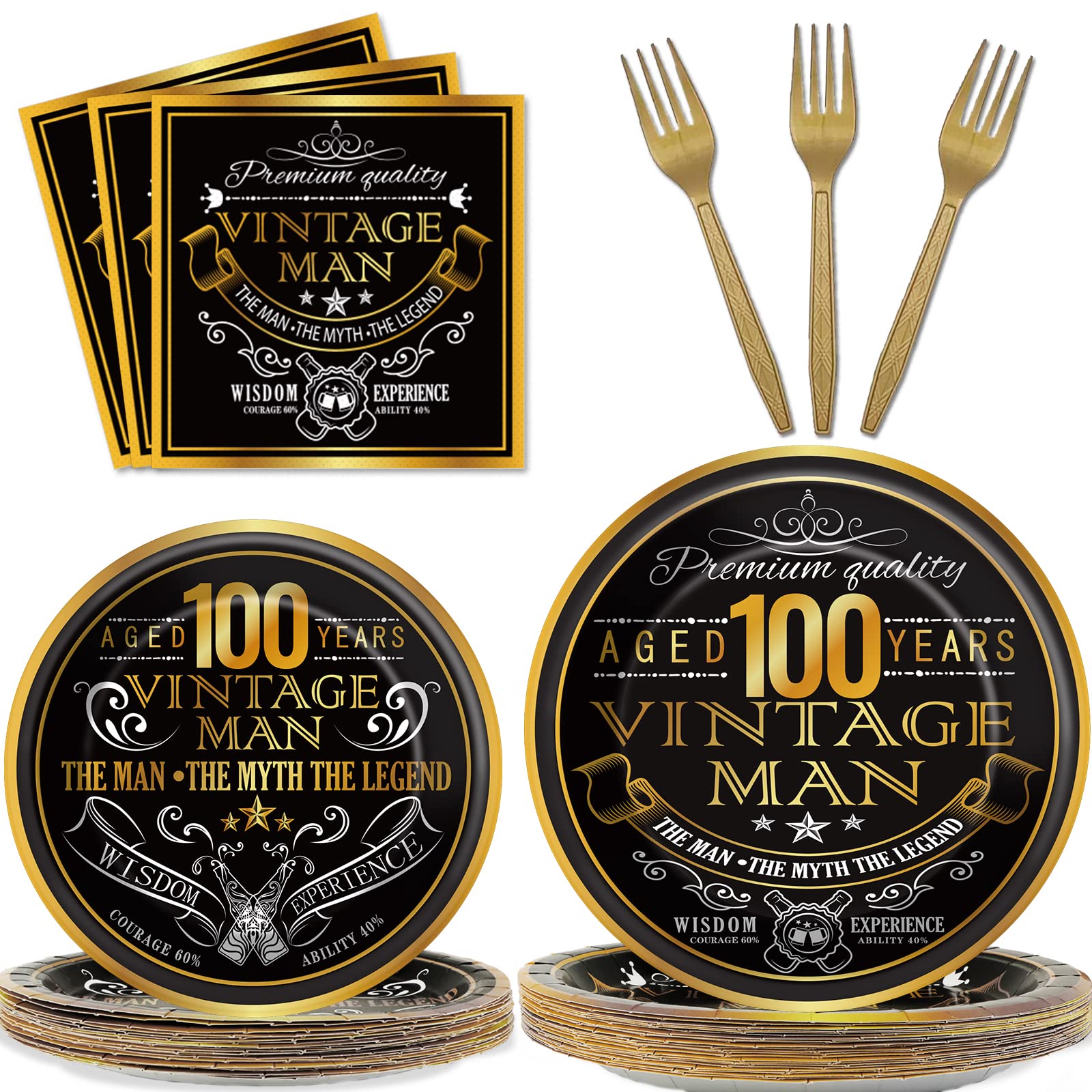 Wiooffen 96 Pcs Vintage 100th Party Tableware Set Back in 1924 100th Theme Birthday Party Table Decoration Supplies Cheers to 10