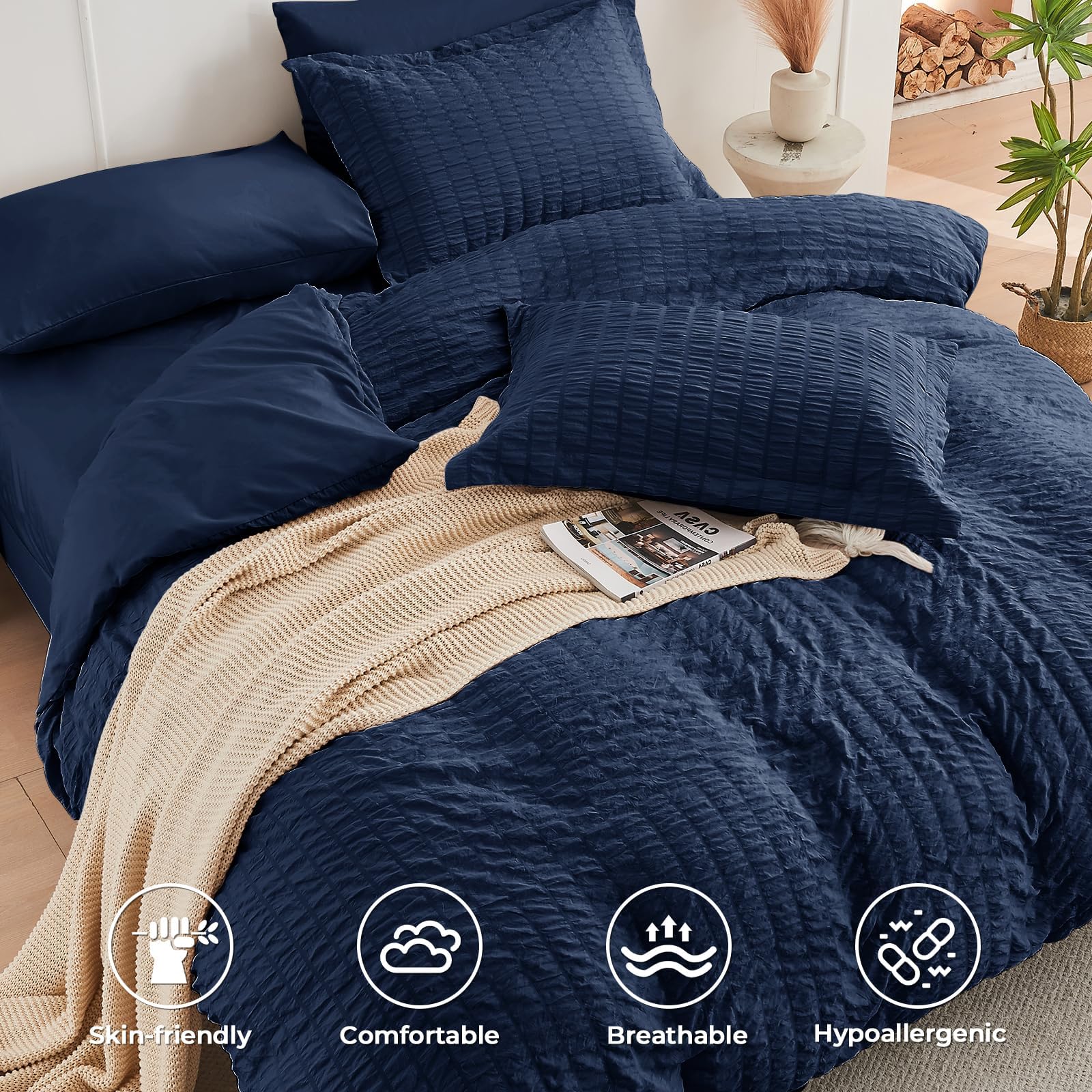 Hymokege Navy Blue Queen Comforter Set Seersucker 7 Pieces, All Season Luxury Bed In A Bag For Bedroom, Bedding Set With Comfort
