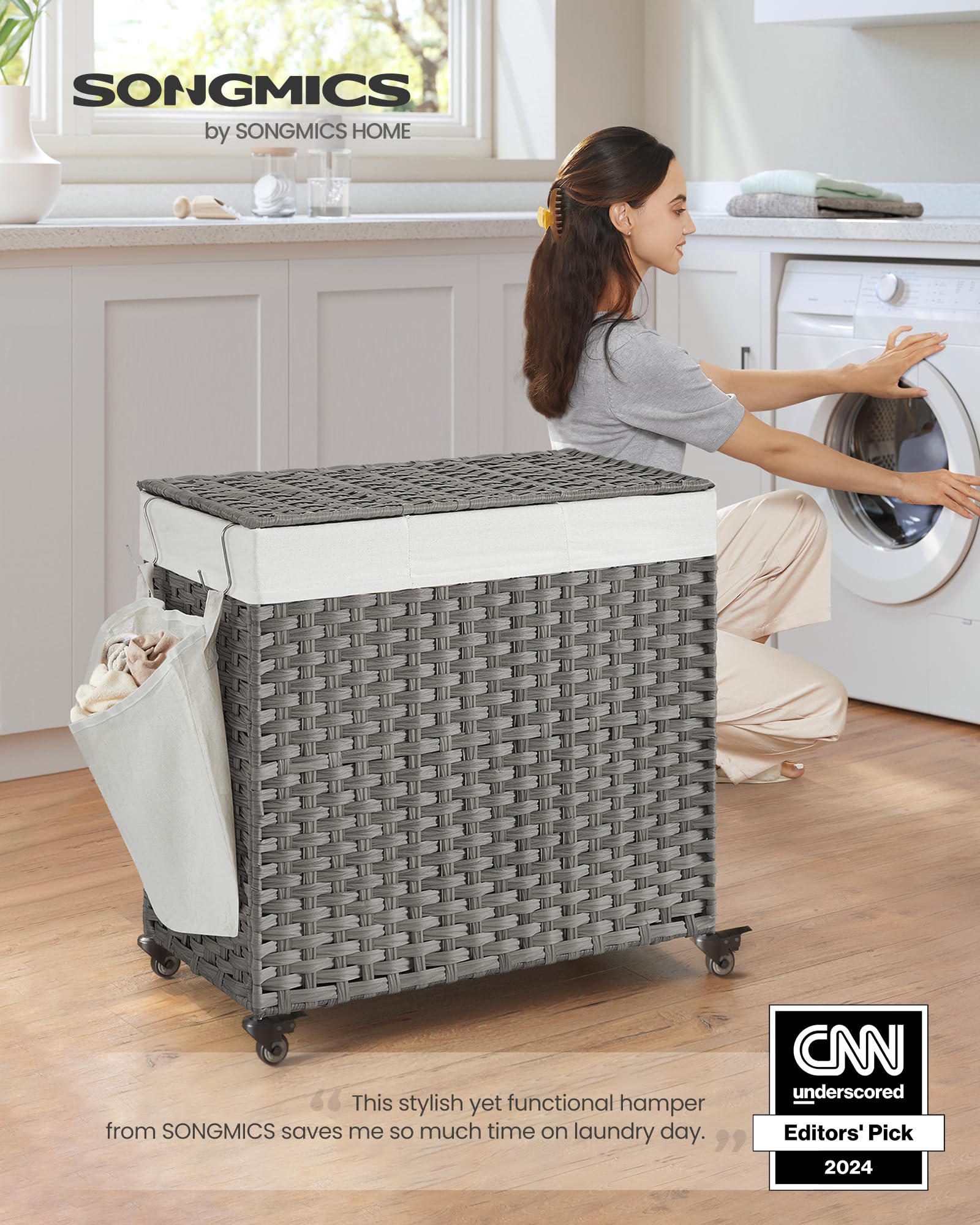 Songmics Laundry Hamper With Lid, 37 Gallons (140 L), Rolling Laundry Basket With Wheels, 3-Section Synthetic Rattan, Removable