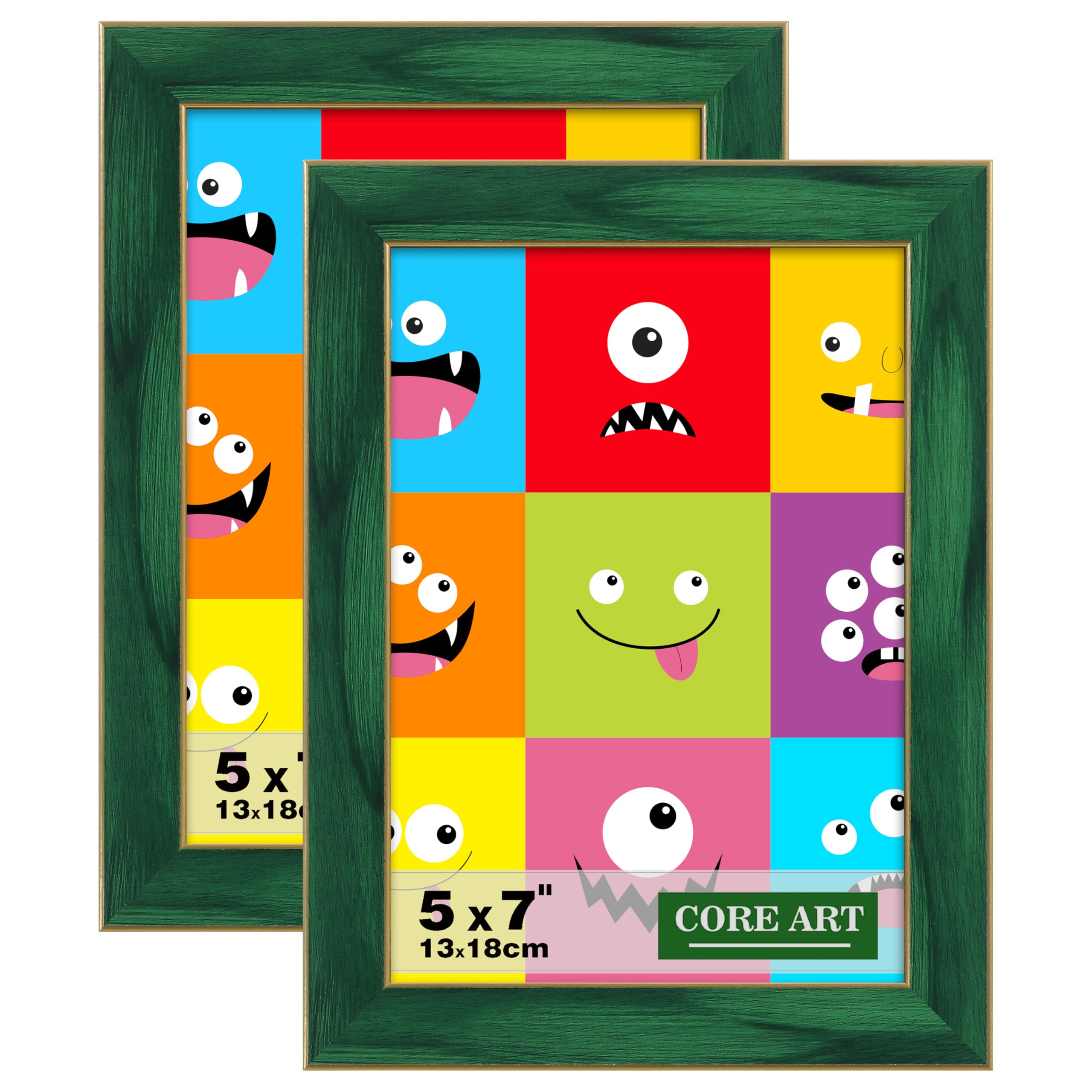 CORE ART 5x7 Picture Frames Green Photo Frames Set of 2, 5 by 7 Colorful Frame with HD Plexiglass, Wall or Tabletop Display