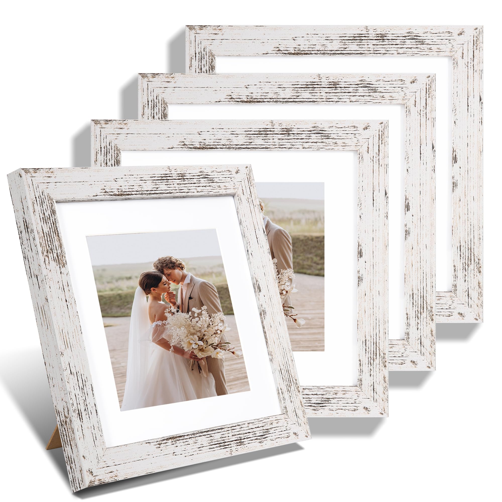 Hongkee 8x8 Picture Frames Set of 4, Made of Glass and Distressed White Wooden Frame - Display Picture 6x6 with Mat or 8 x 8 Wit