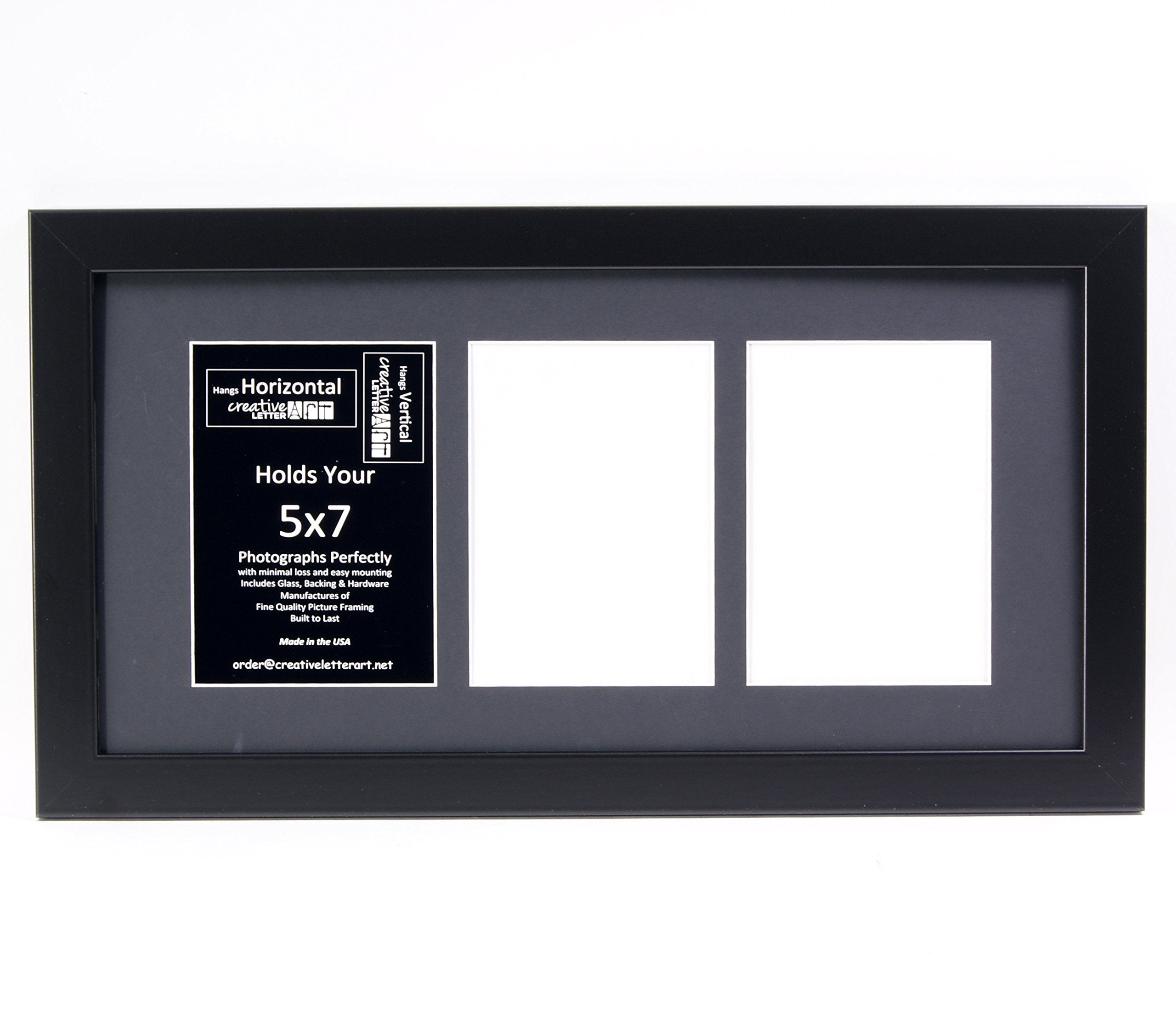 Creative Letter Art - 3 Opening 5x7 Black Picture Frame with 10x20-inch Black Mat Collage including Full Strength Glass, Alphabe