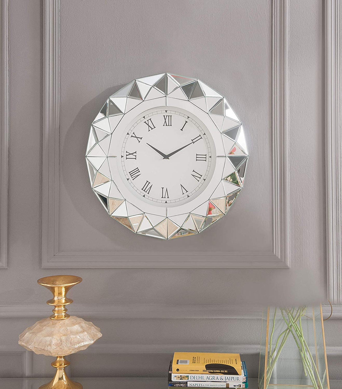 HomeRoots Wall Clock in Mirrored - Mirror, Glass, MDF, Analog Clock