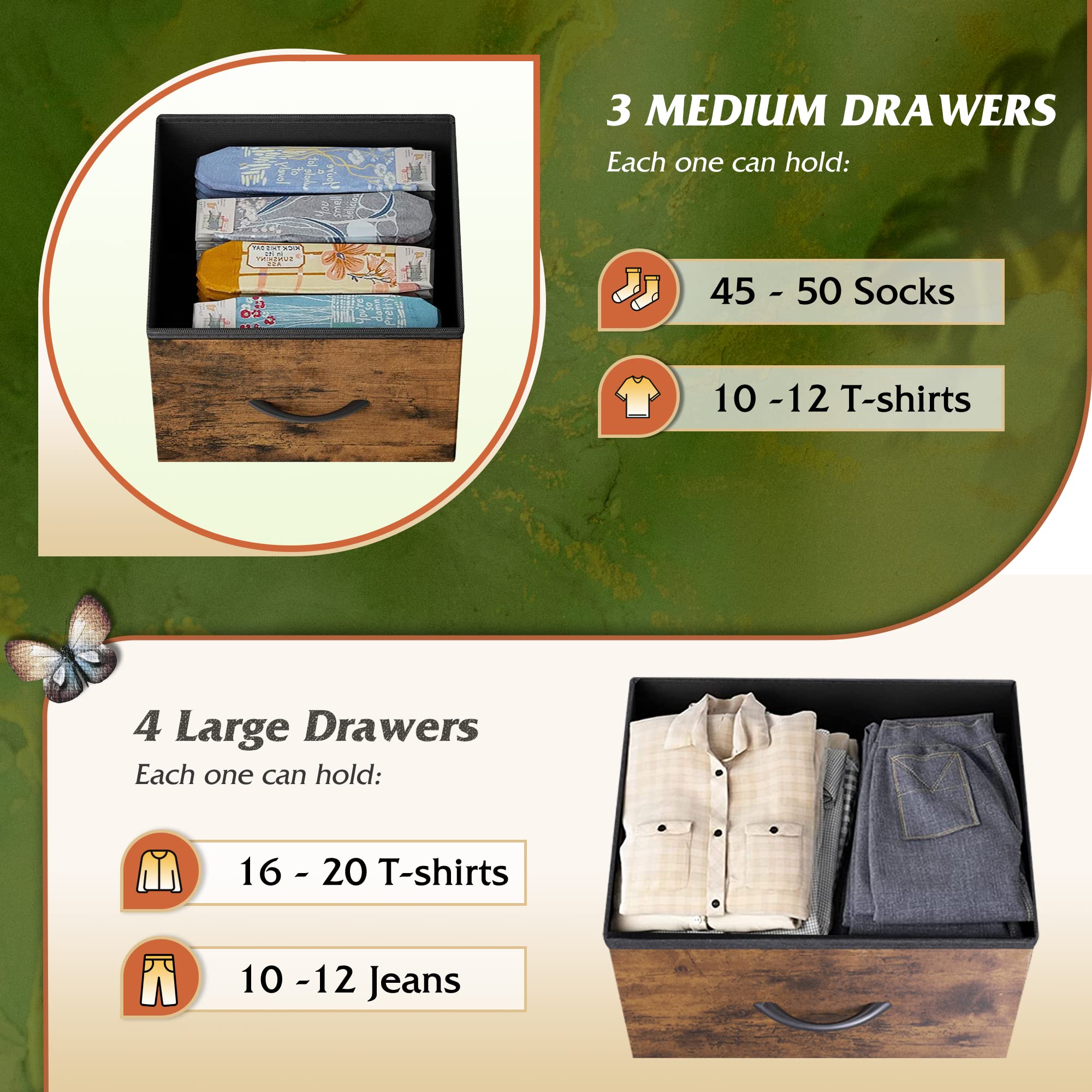 Wlive Dresser Tv Stand, Entertainment Center With Fabric Chest Of Drawers For Bedroom, Media Console Table With Metal Frame And Wood Top For Tv Up To 45 Inch, Rustic Brown Wood Grain Print