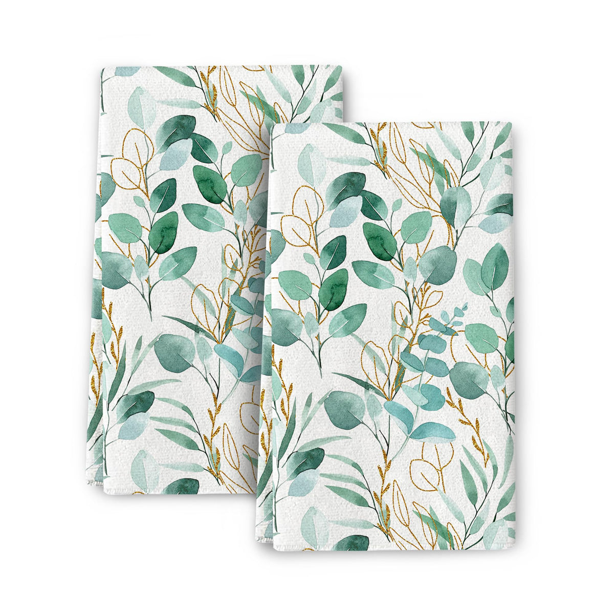 Sage Green Leaves Kitchen Towels Decorative Set of 2, Absorbent Botanical Dish Towels Green Gold Leaf Hand Towels Teal for Kitch
