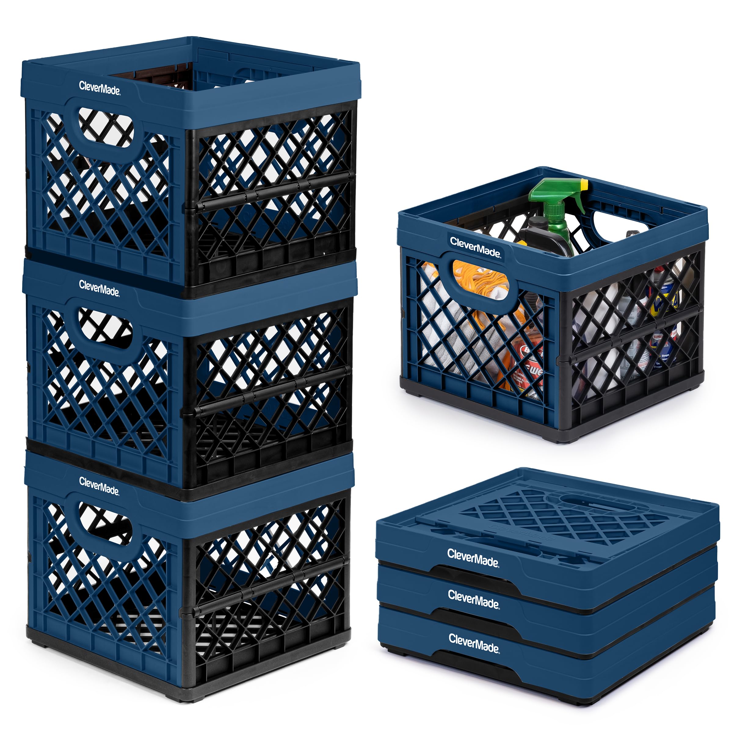 CleverMade Collapsible Milk Crate, Ocean, 3PK - 25L (6 Gal) Stackable Storage Bins, Holds 50lbs Per Bin - Clevercrates are Heavy
