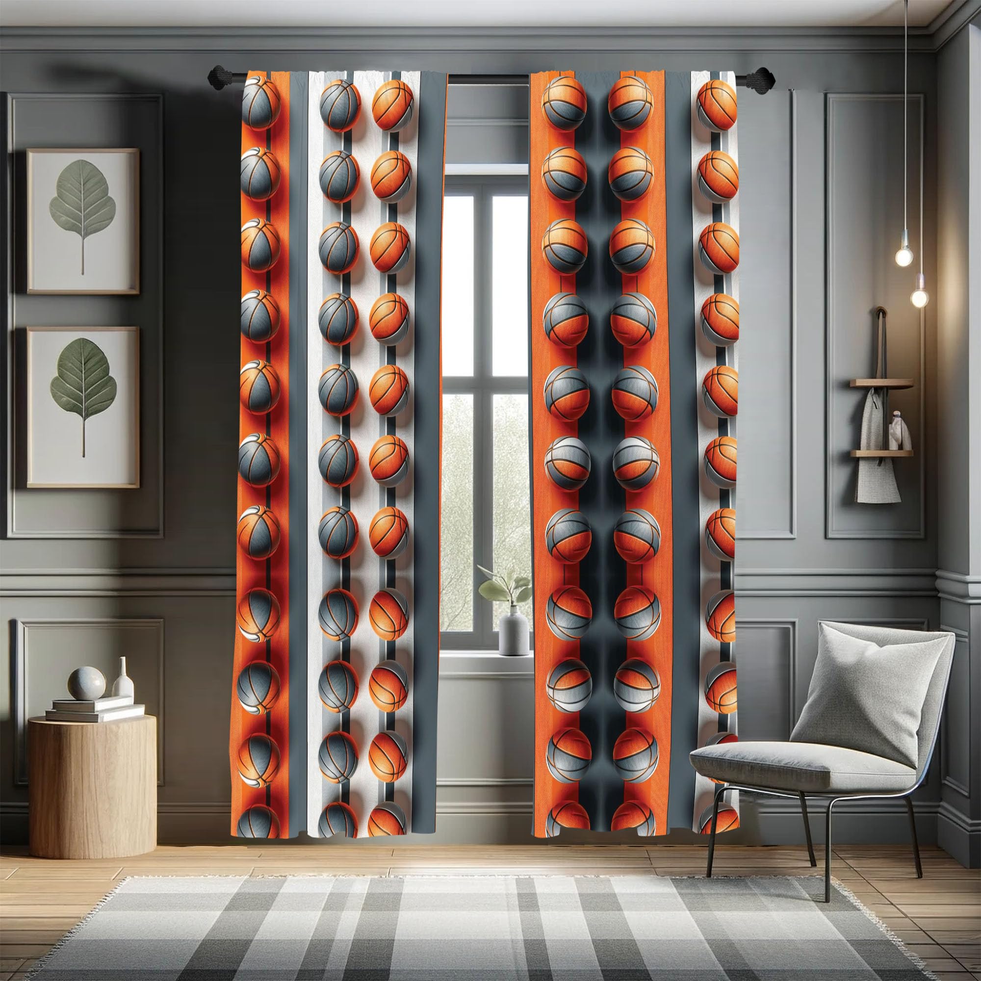Ambesonne Basketball Window Curtains Pack Of 2, Contemporary Abstract Design Of Sports Theme Ball Pattern With Stripes, Lightwei