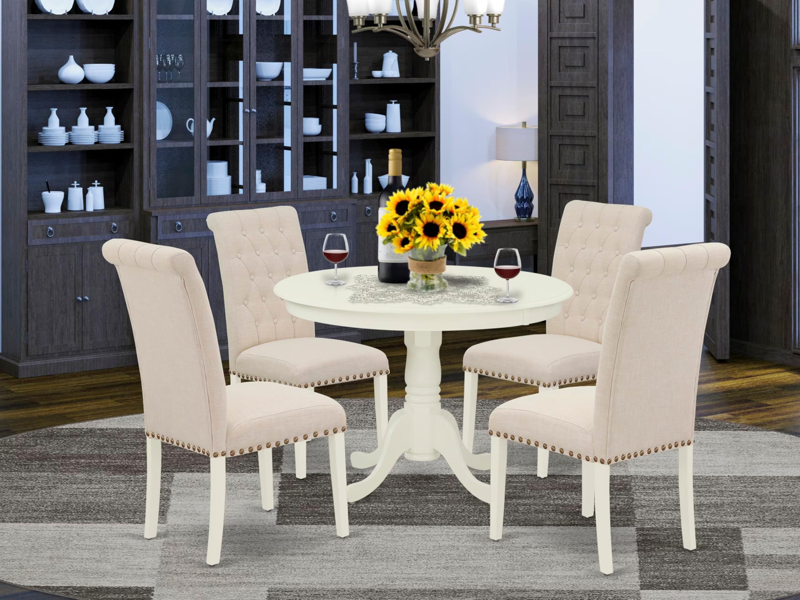 East West Furniture Hlbr5-Lwh-02 5 Piece Dining Room Furniture Set Includes A Round Dining Table With Pedestal And 4 Light Beige Linen Fabric Upholstered Chairs, 42X42 Inch, Linen White