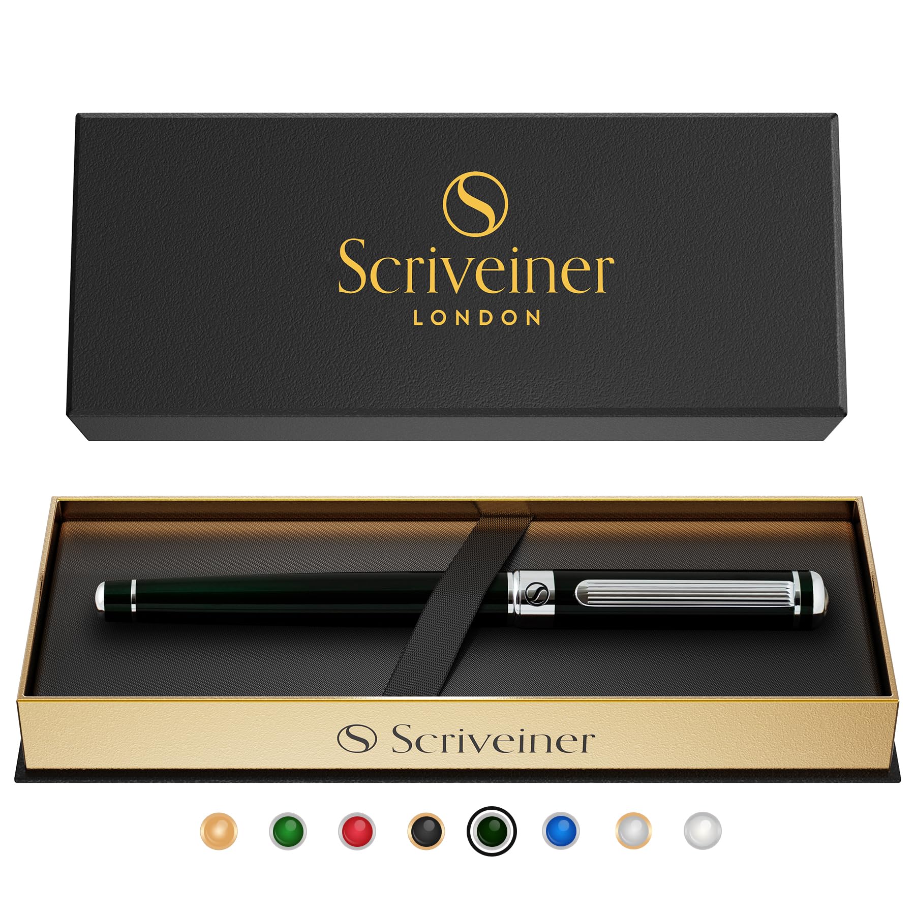 Scriveiner Black Green Rollerball Pen - Stunning Luxury Pen, Chrome Finish, Schmidt Ink Refill, Best Roller Ball Pen Gift Set Fo