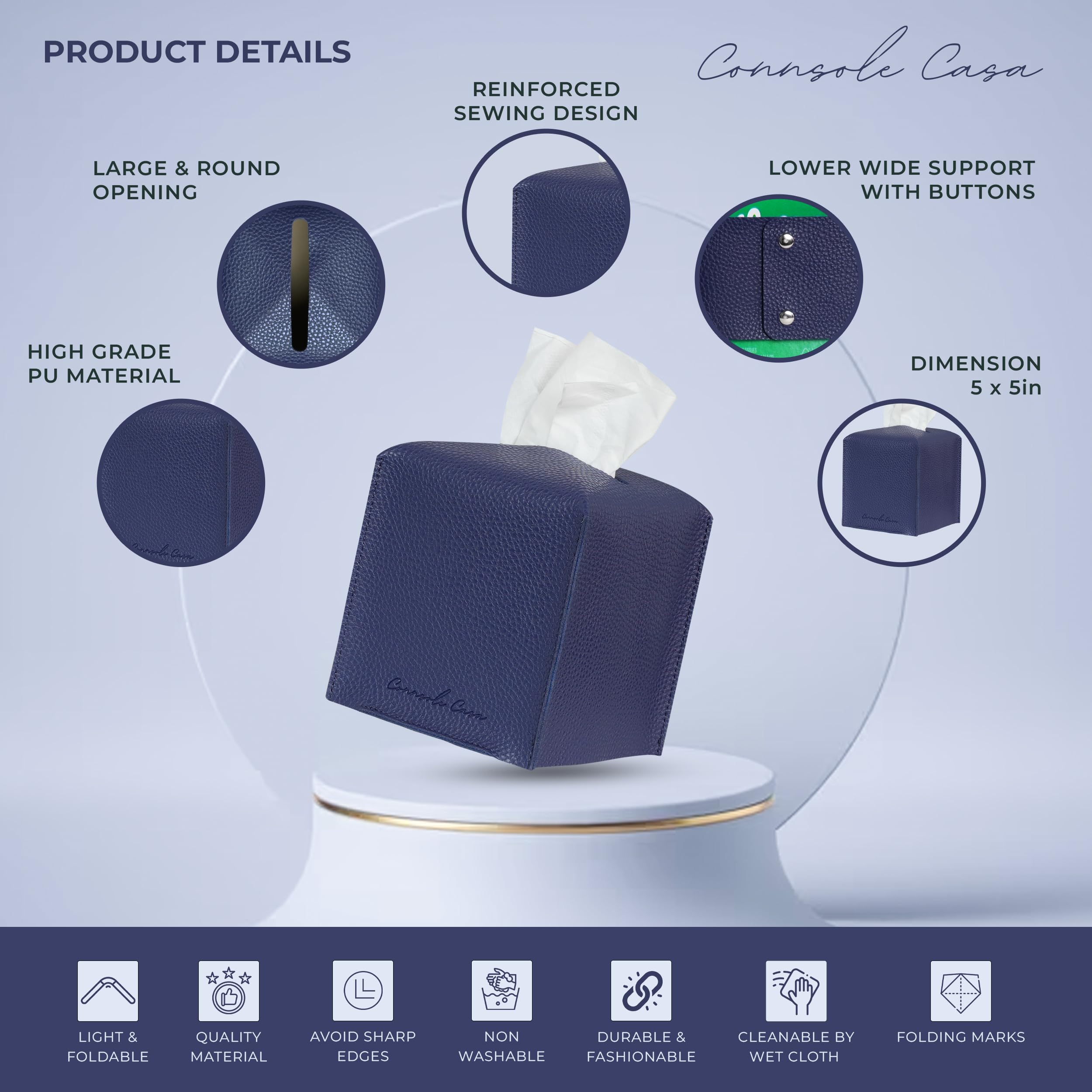 Connsole Casa Premium Pu Leather Tissue Box Holder - Elegant Hotel-Style Blue Tissue Box Cover For Enhanced D  Cor Of Home, Offi