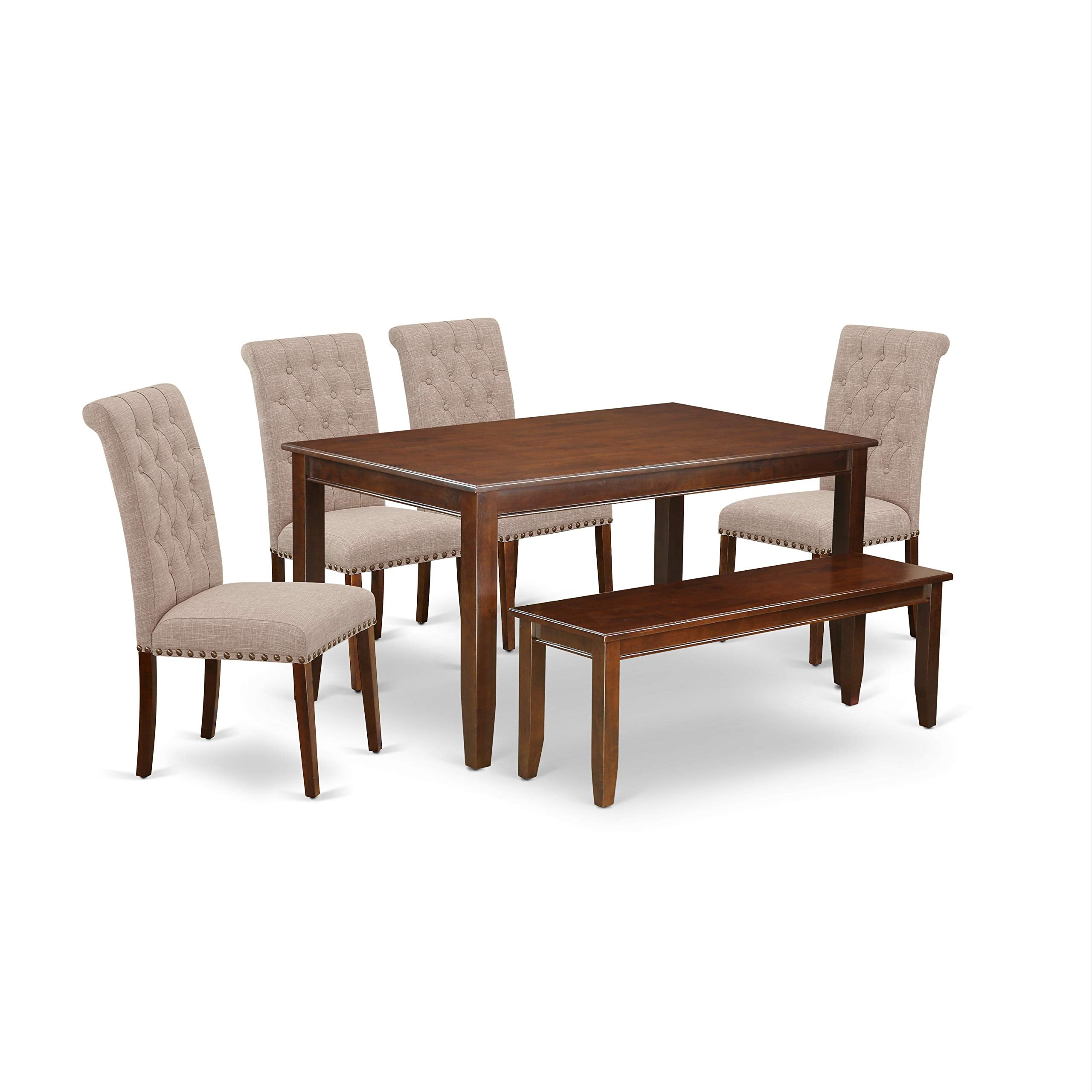 East West Furniture Dubr6-Mah-04 Dudley 6 Piece Modern Dining Set Contains A Rectangle Wooden Table And 4 Light Tan Linen Fabric Parson Chairs With A Bench, 36X60 Inch, Mahogany