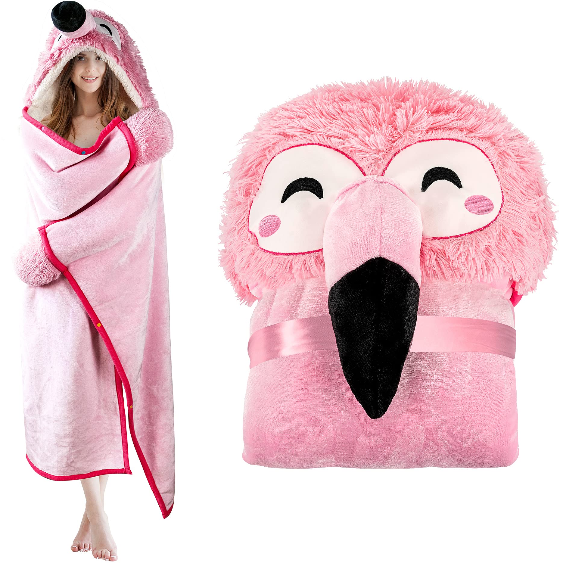 Flamingo Wearable Hooded Blanket For Adults - Fuzzy Super Soft Warm Cozy Plush Flannel Fleece & Sherpa Hoodie Throw Cloak Wrap -