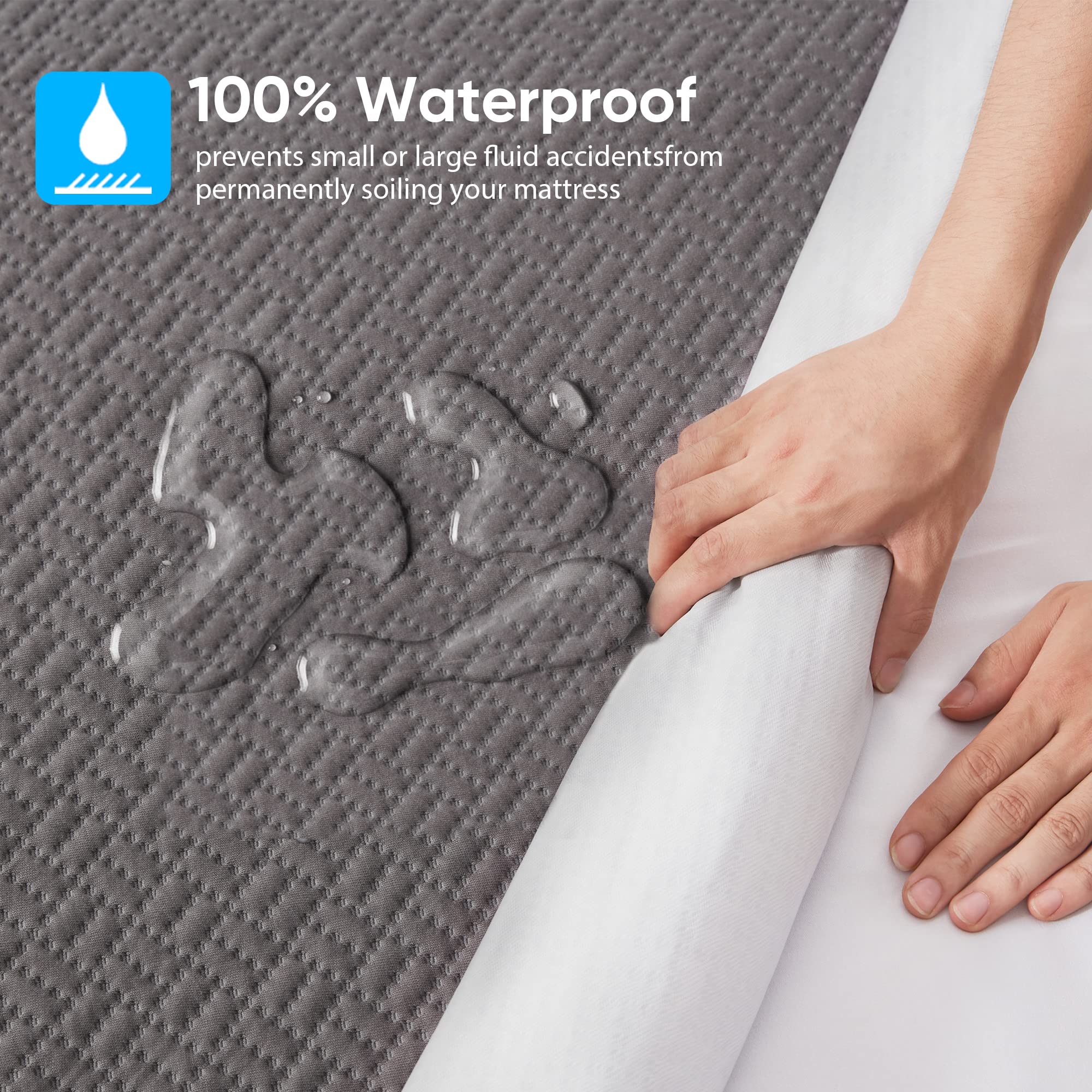 Hanherry 100% Waterproof Queen Size Mattress Protector, Grey, Rayon Made From Bamboo Terry Surface, 3D Air Fabric, 16 Inch Deep