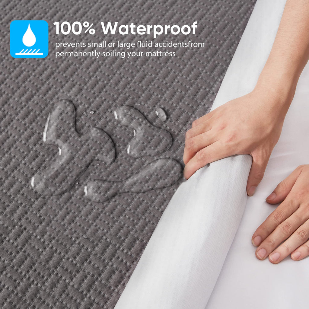 Hanherry 100% Waterproof Mattress Protector King Size - Grey, Mattress Cover 3D Air Fabric Cooling Mattress Pad Cover Smooth Sof