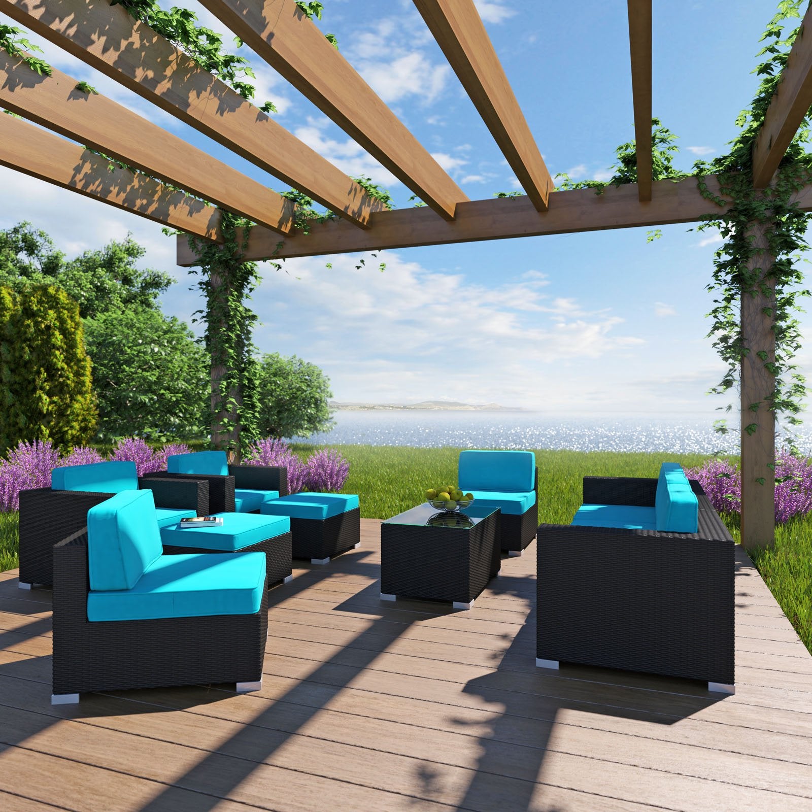 Modway Avia 10-Piece Outdoor Wicker Patio Sectional Espresso Sofa Set With Turquoise Cushions