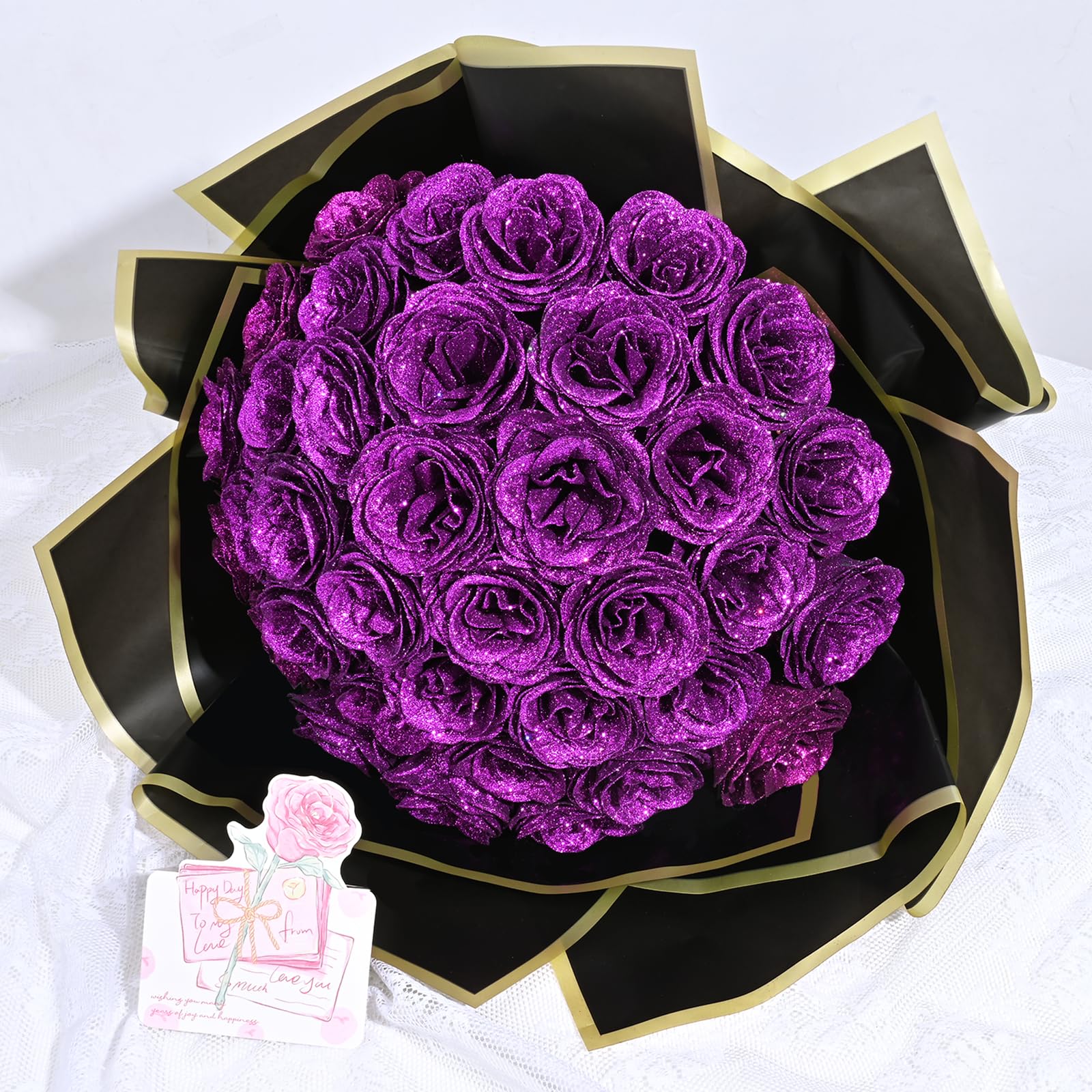 Waipfaru Glitter Roses Bouquet, DIY Fake Glitter Flowers Bouquet, Everlasting Shiny Artificial Rose Bouquet, Anniversary, Engage