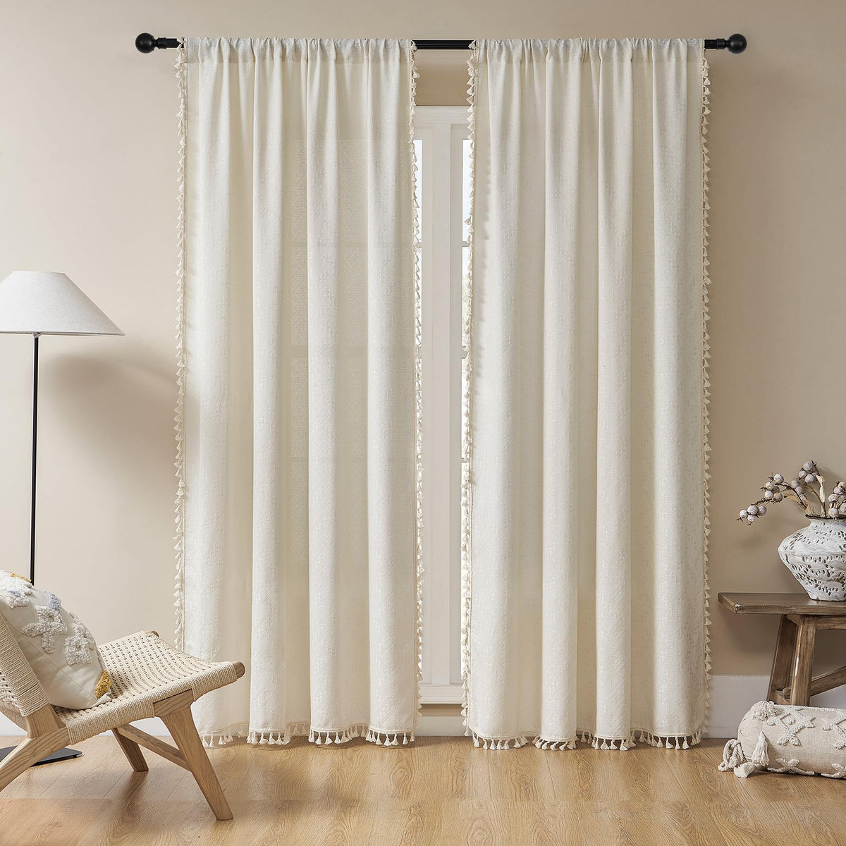 Joydeco Beige Boho Curtains 90 Inch Curtains 2 Panels Set, Cream Boho Curtains For Bedroom Living Room, Super Soft Light Filteri