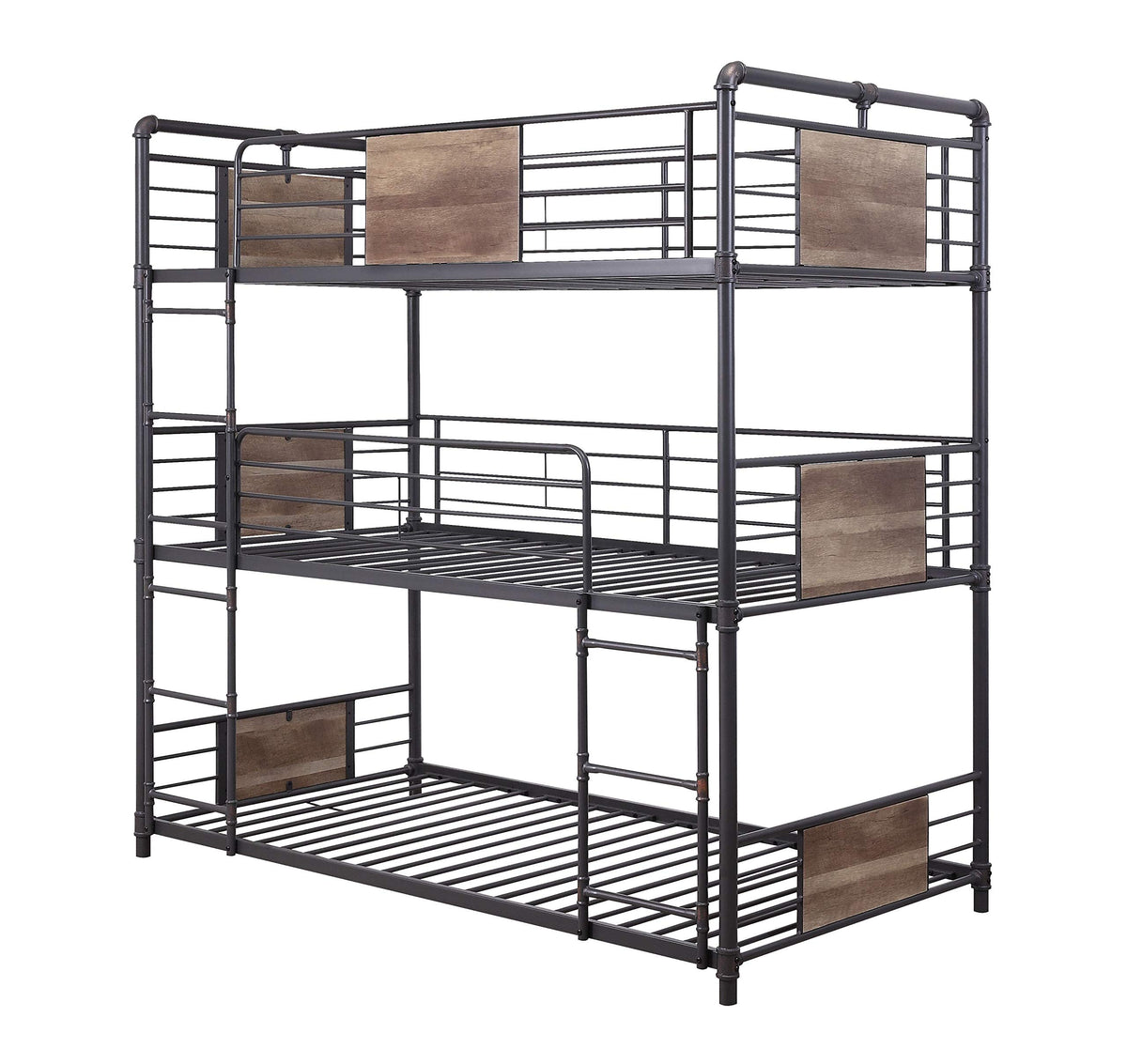 HomeRoots Metal, Wood 79&quot; X 43&quot; X 79&quot; Metal and Wood Triple Bunk Bed - Twin, Sandy Black & Dark Bronze Hand-Brushed