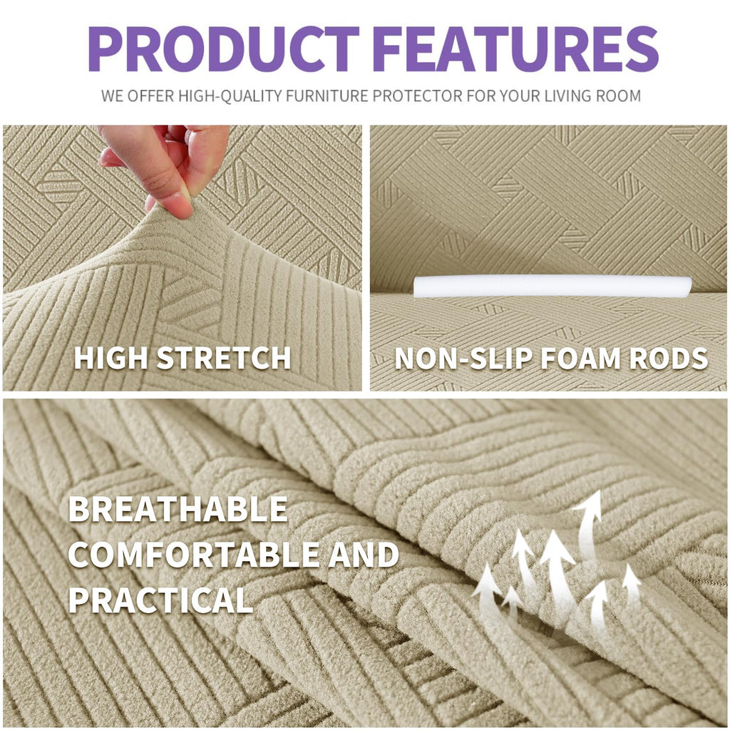 Znsayotx Super Stretch Couch Cover (72'-92'), New Striped Sofa Covers Fitted Slipcovers With Elastic Bottom, Dog Cat Pets Proof Spandex Fabric Comfortable & Durable (Khaki, Sofa)