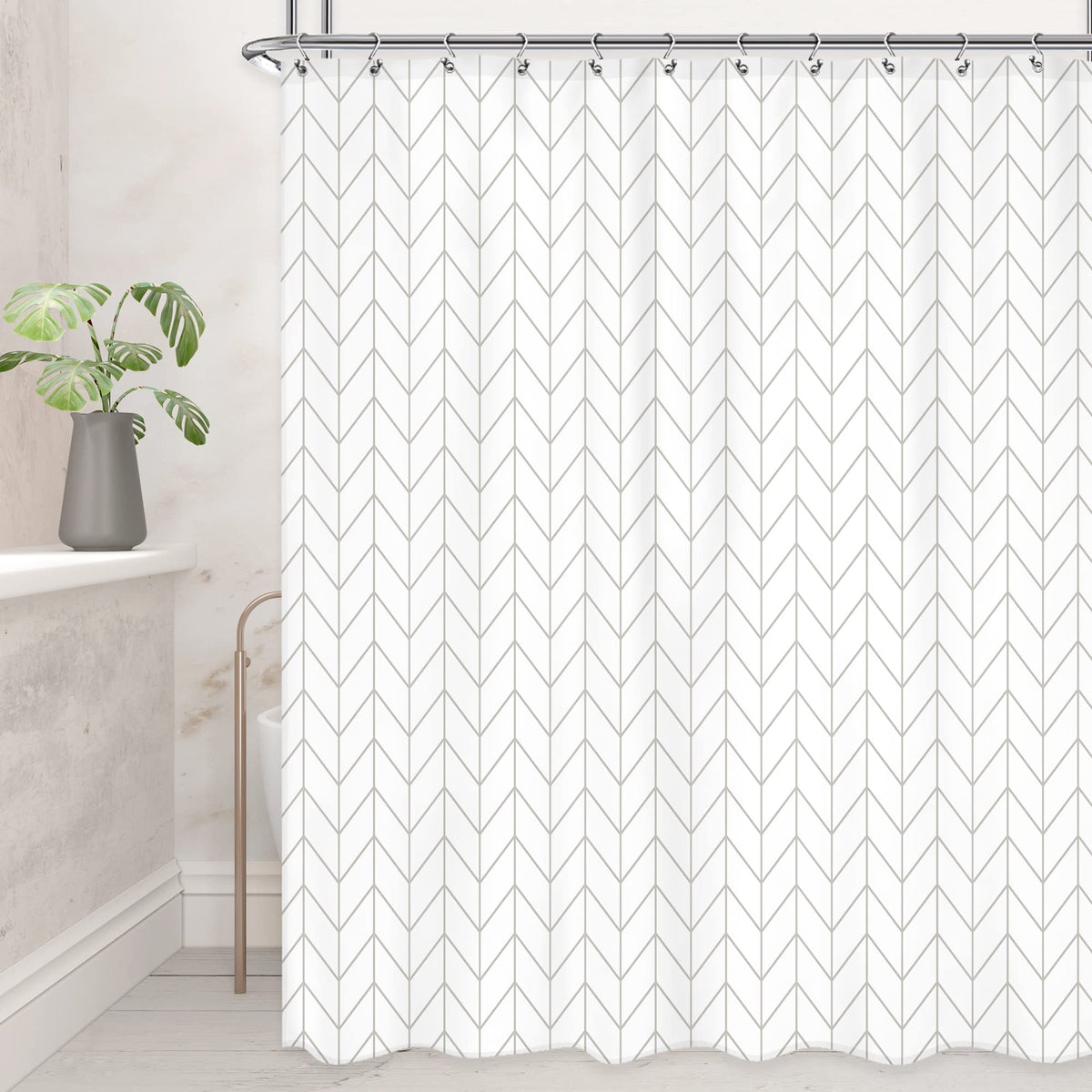 Riyidecor Chevron Shower Curtain White Beige Extra Long Geometric Herringbone 72Wx84H Inch Striped Simple Modern Classy Neutral