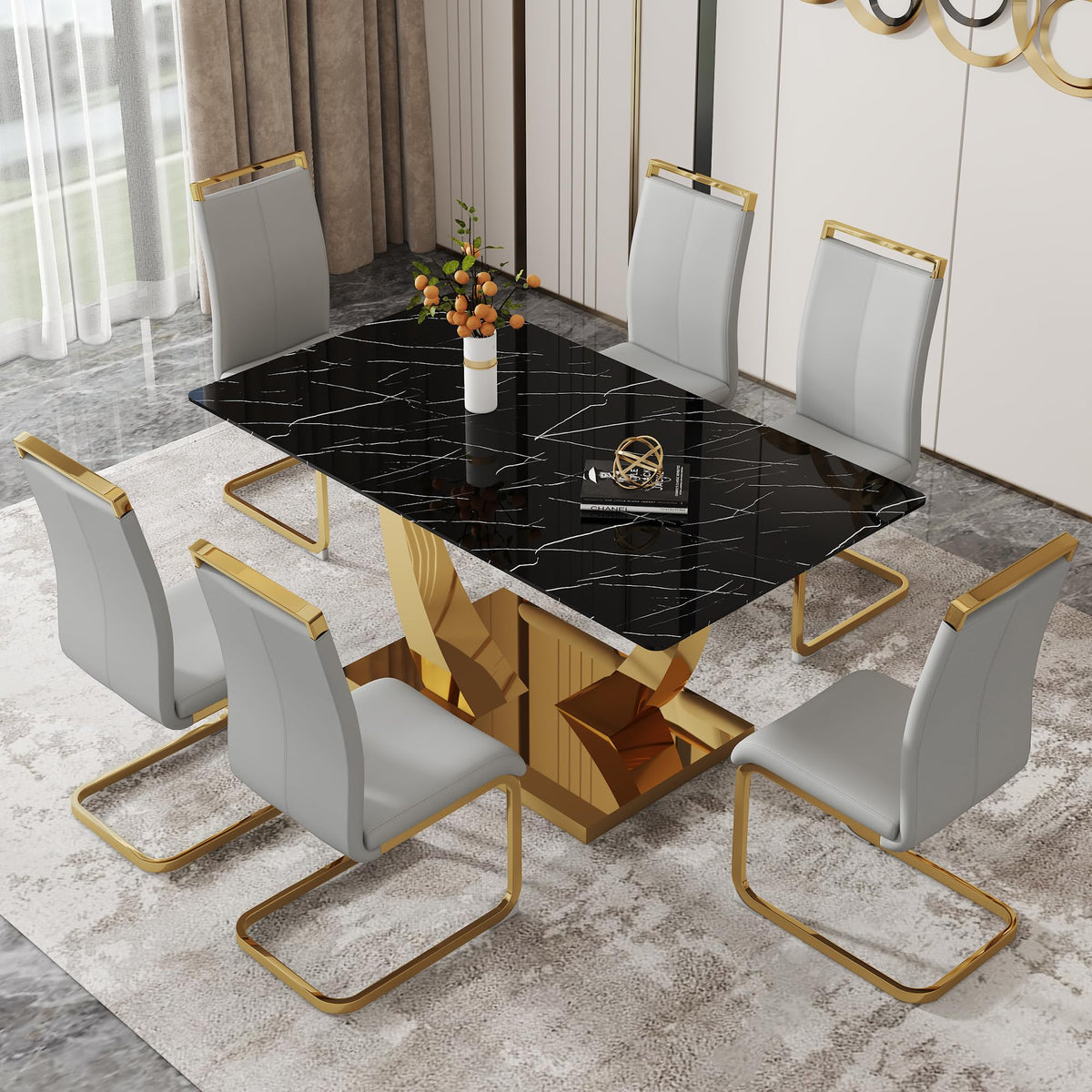 Nyeess 63    Dining Room Table Set For 6,Gold Rectangle Kitchen Table Set With Pu Leather Chairs,Black Faux Marble Tempered Glas